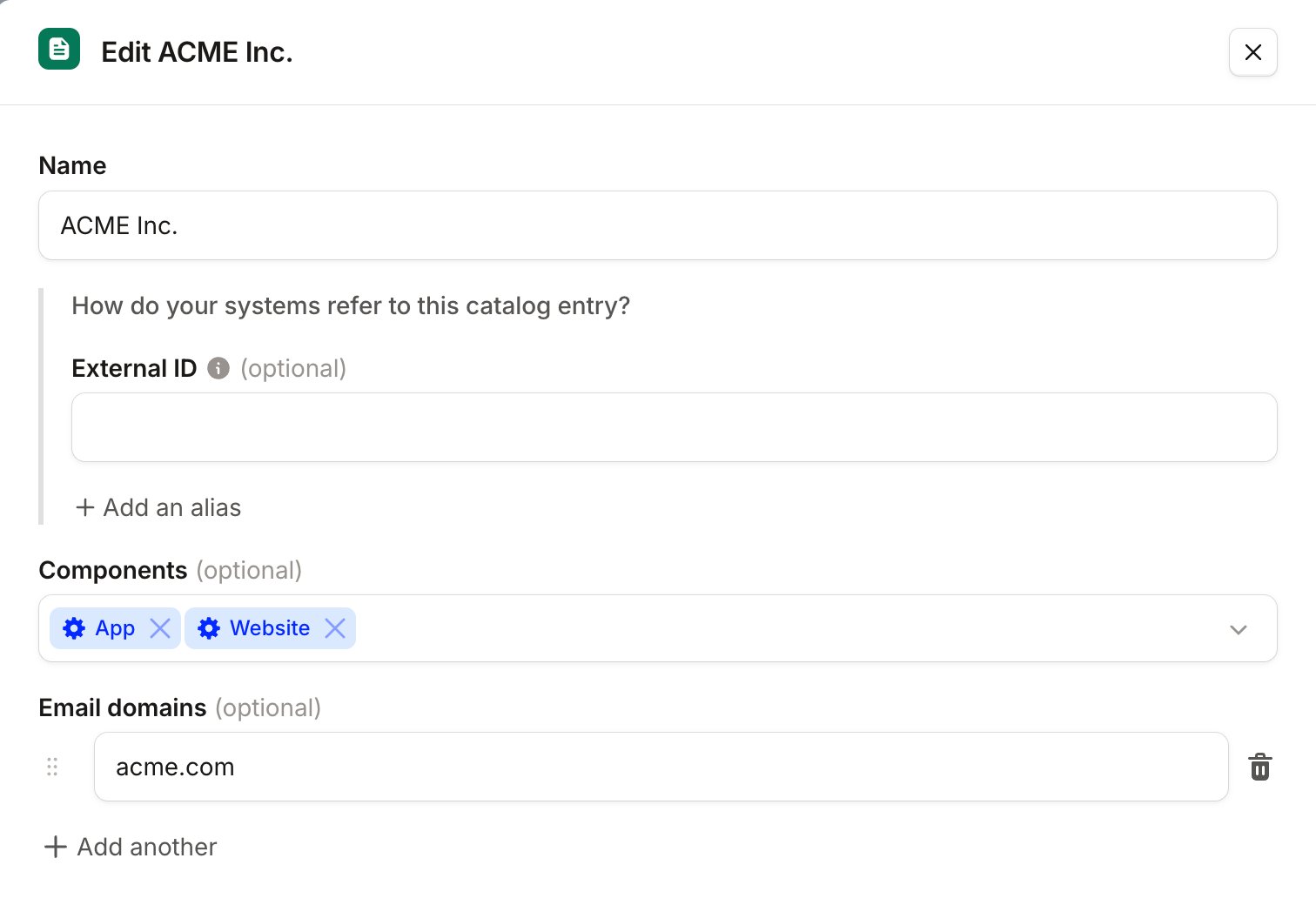 A catalog entry for ACME Inc., with acme.com under Email domains