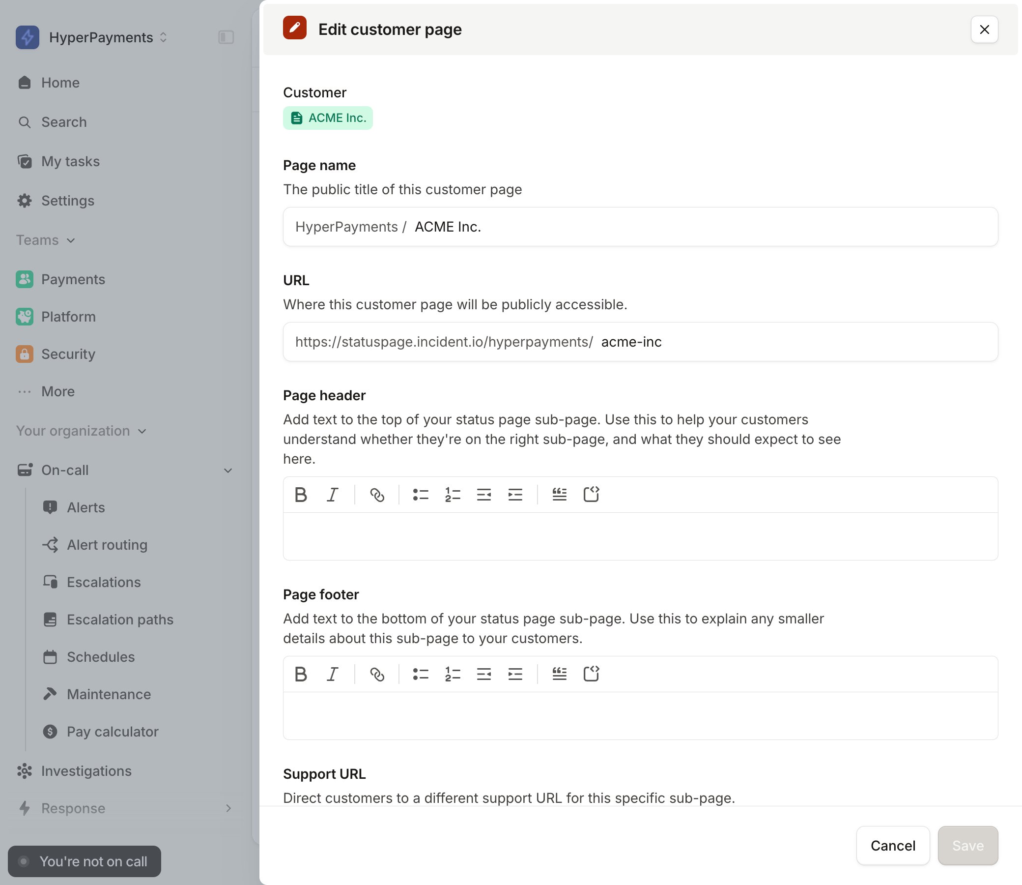 The Edit customer page drawer, showing the sub-page URL ending in acme-inc