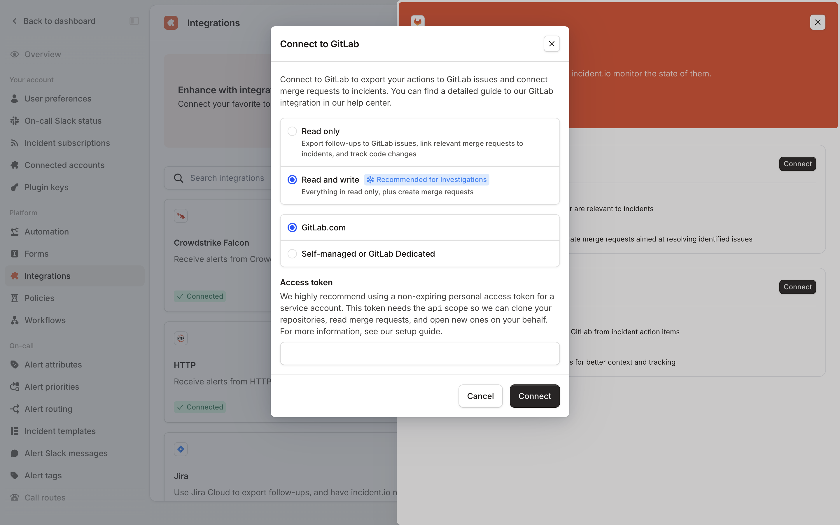 Connect to GitLab dialog with Read and write, GitLab.com and an Access token field selected