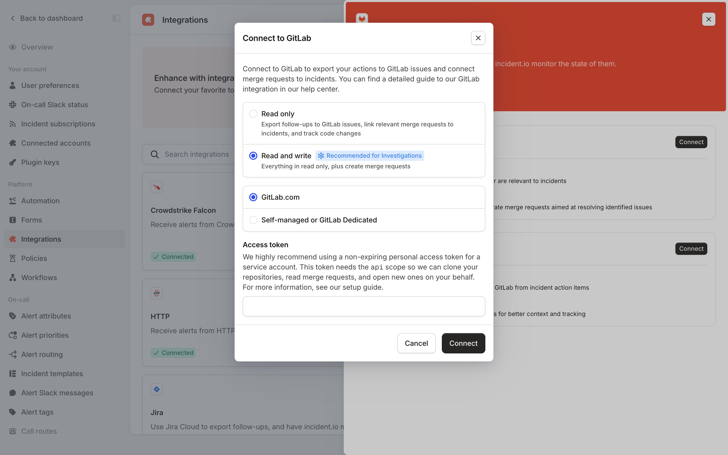 Connect to GitLab dialog with Read and write, GitLab.com and an Access token field selected