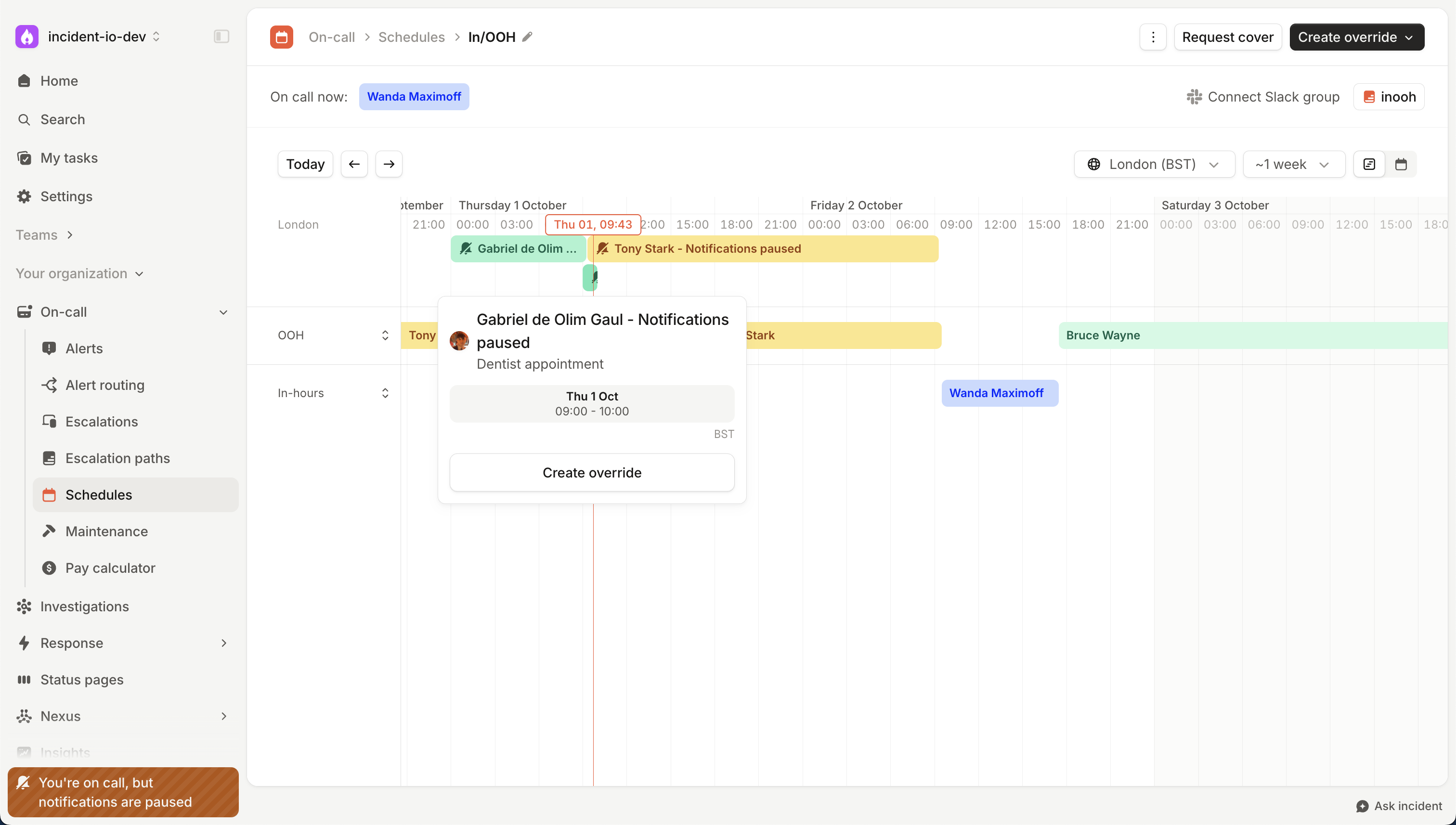 A schedule timeline with Notifications paused bars in the holidays row, and a hover card showing the pause's reason and times