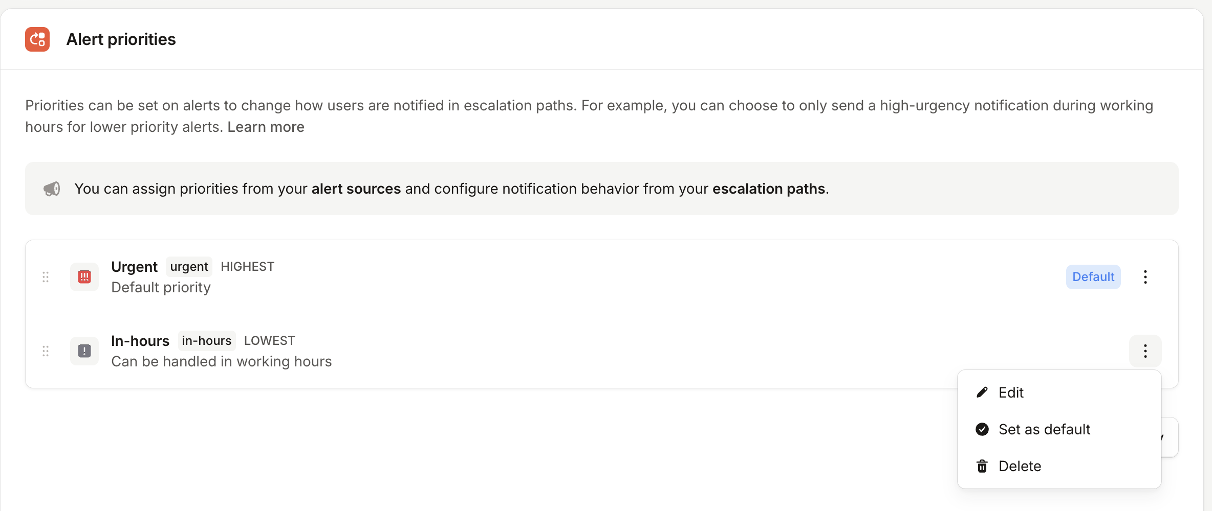 Alert priorities settings with a priority's More options menu open on Set as default