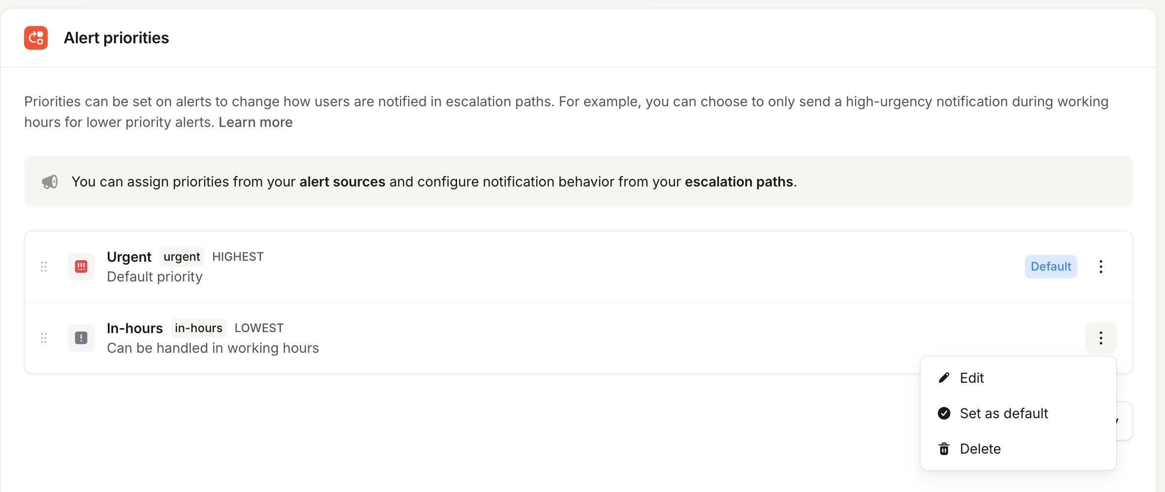 Alert priorities settings with a priority's More options menu open on Set as default
