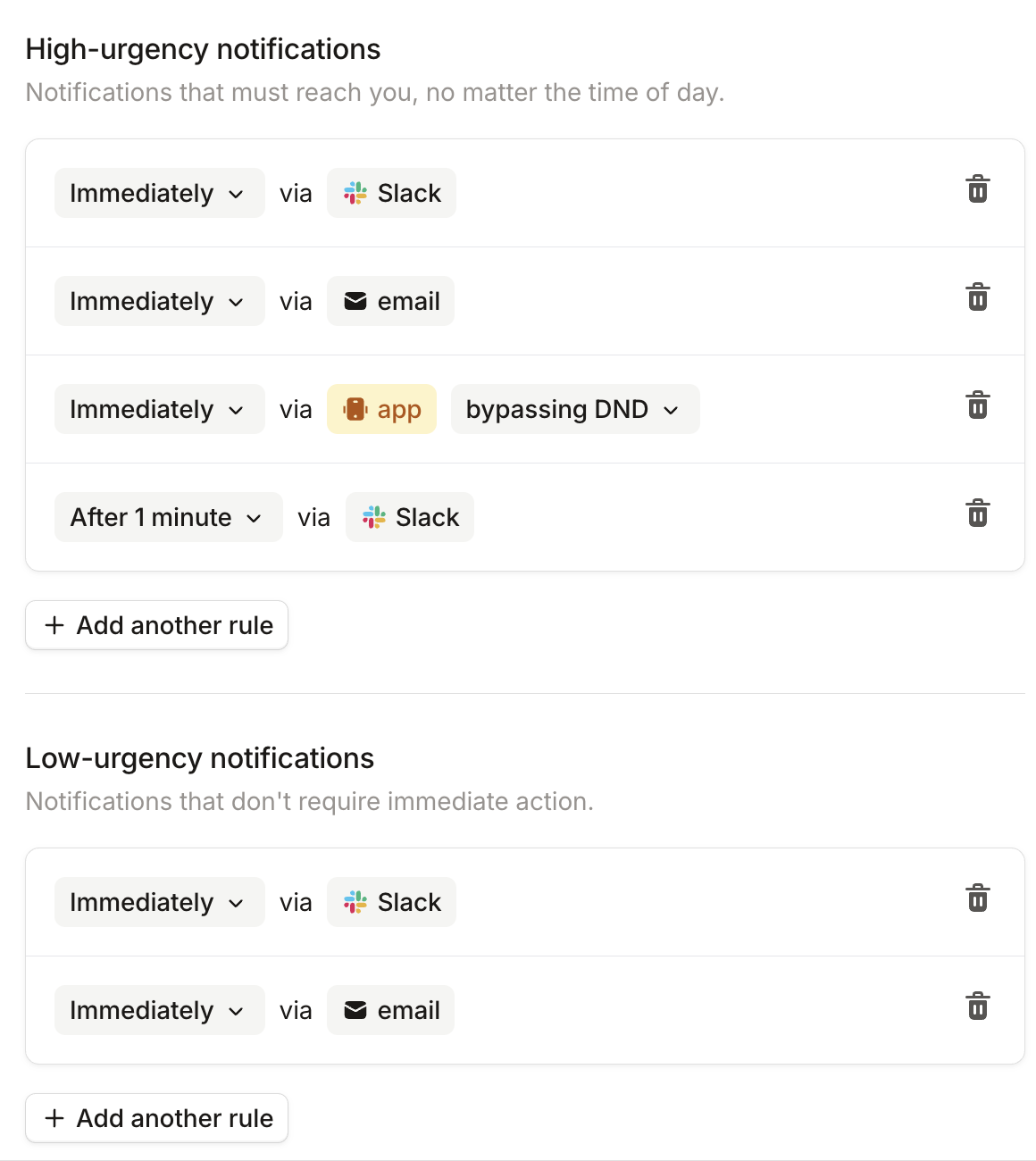 High-urgency and Low-urgency notification rules, each listing a delay and a delivery method