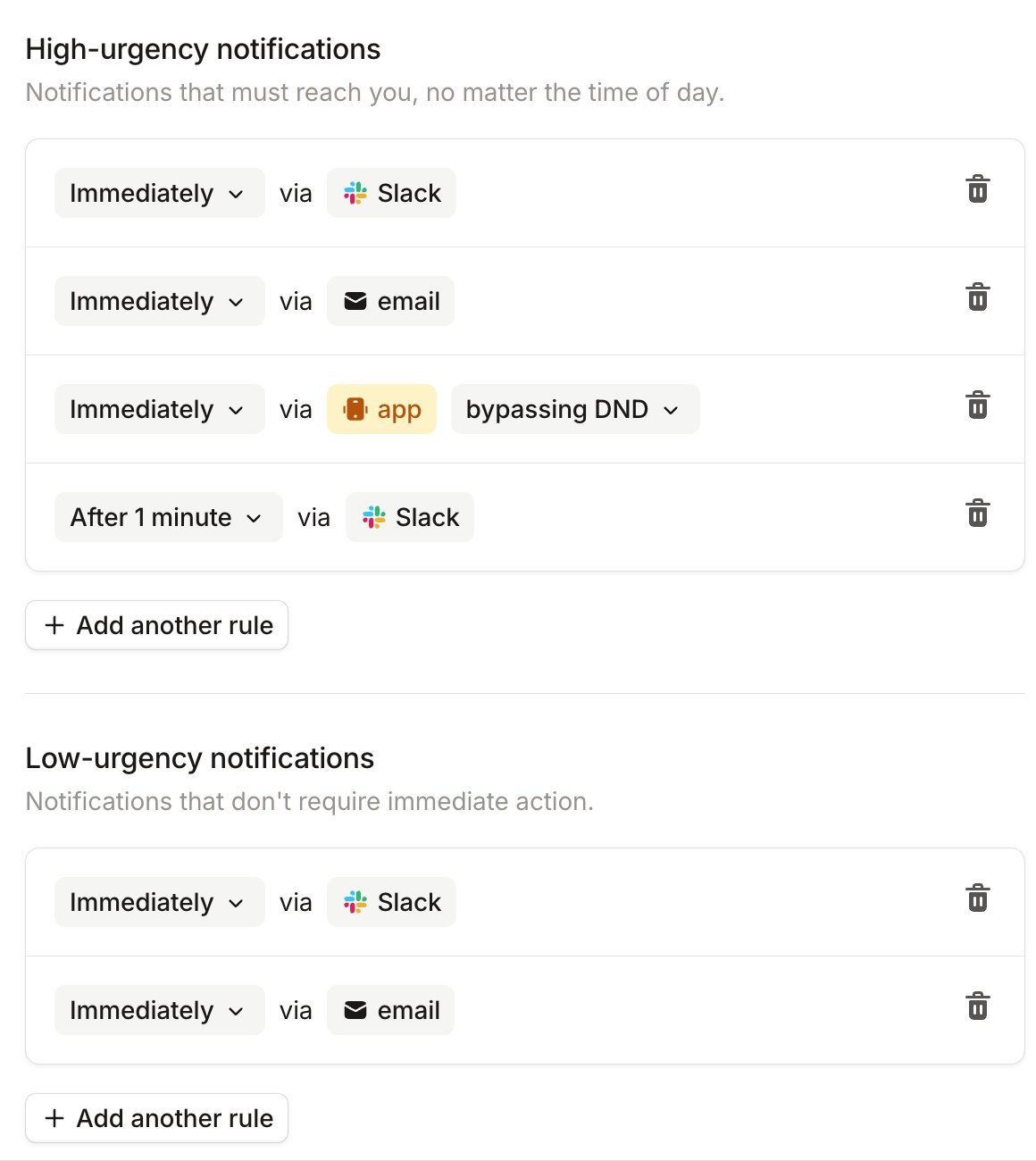 High-urgency and Low-urgency notification rules, each listing a delay and a delivery method