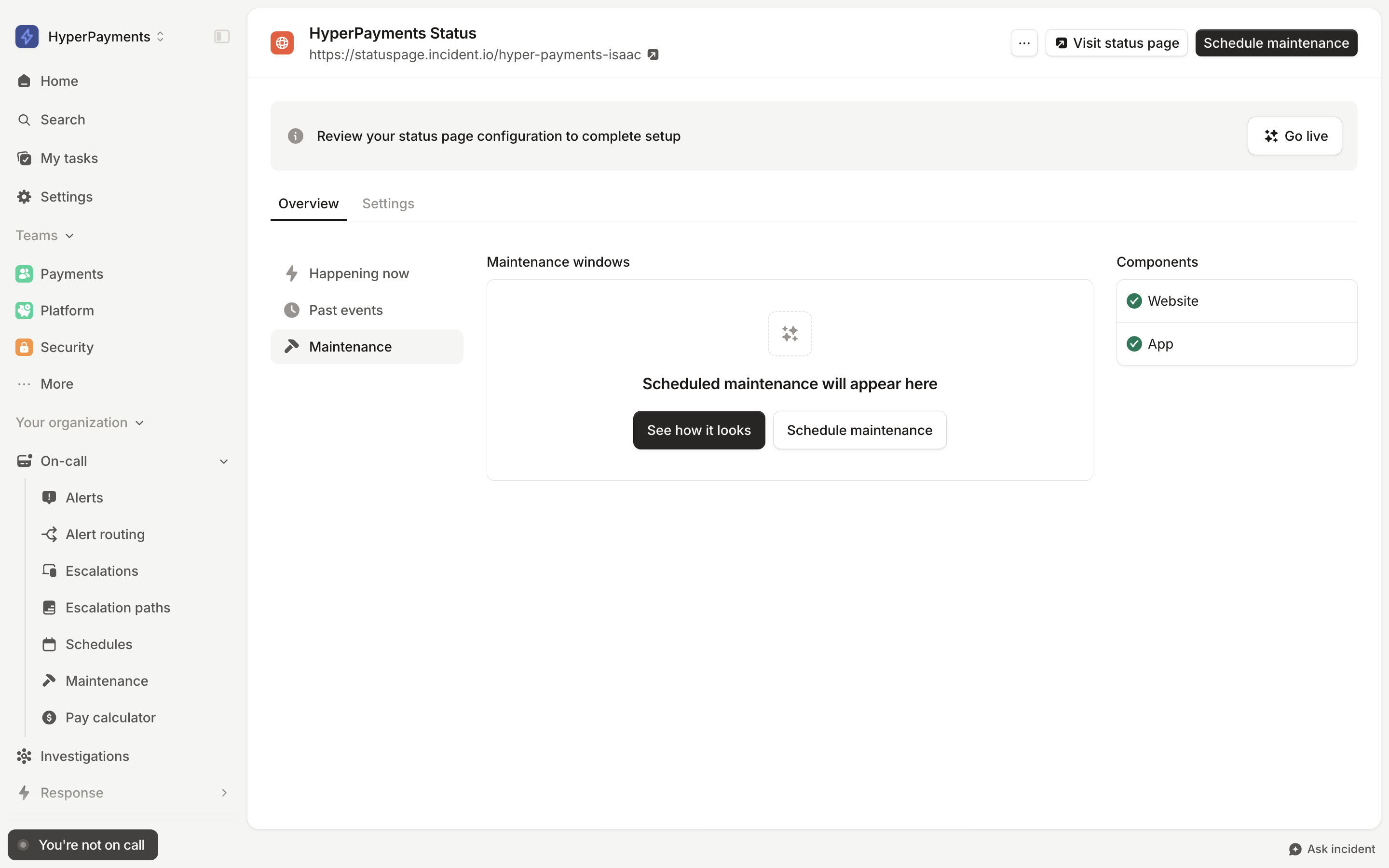The Maintenance tab of a status page, with an empty Maintenance windows panel
