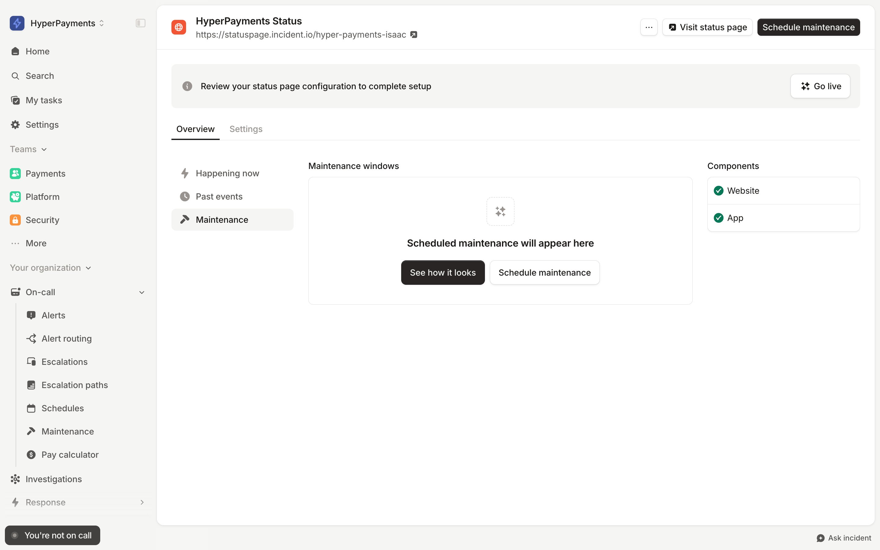 The Maintenance tab of a status page, with an empty Maintenance windows panel