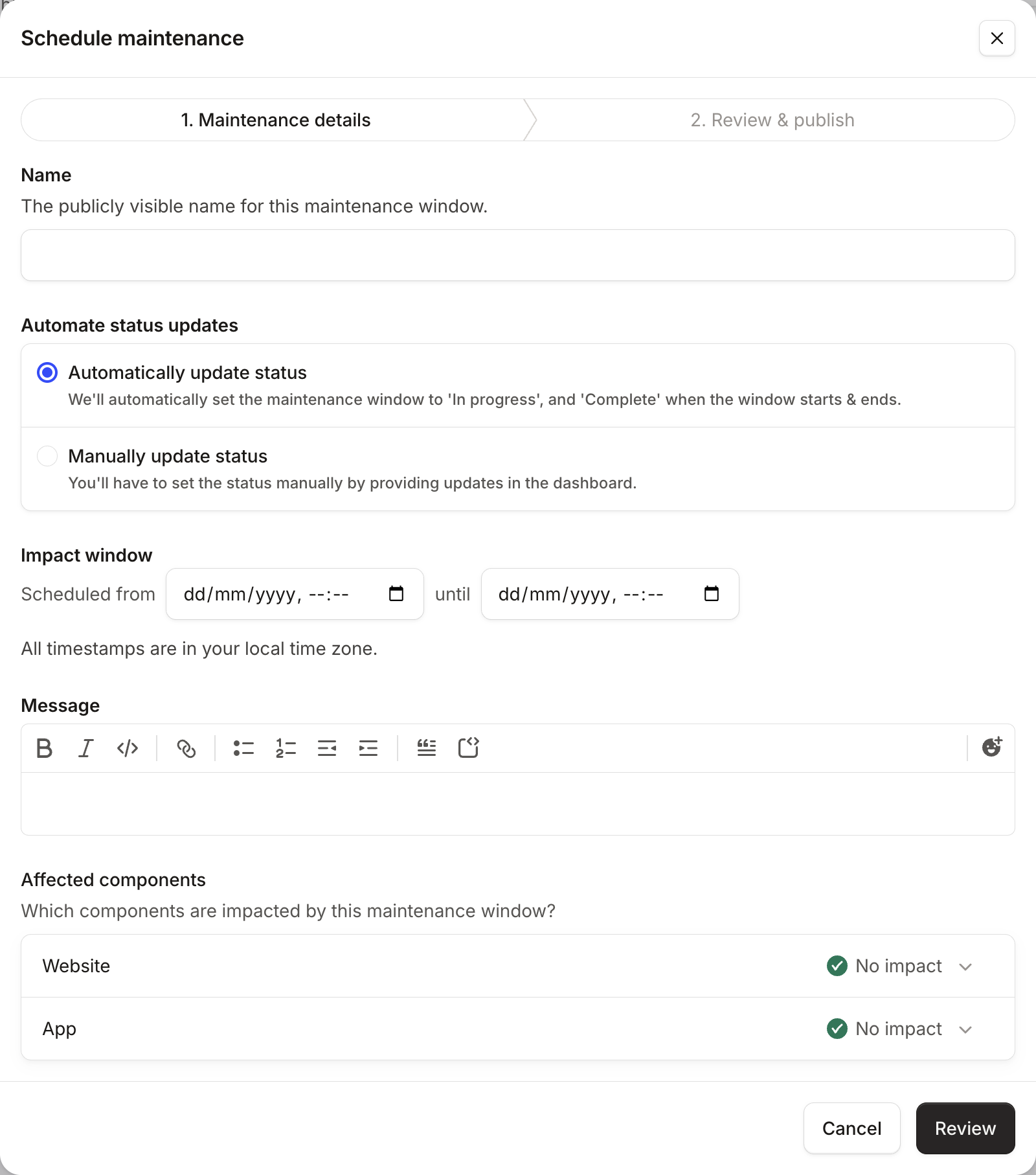 The Maintenance details step, with Name, Automate status updates, Impact window, Message and Affected components
