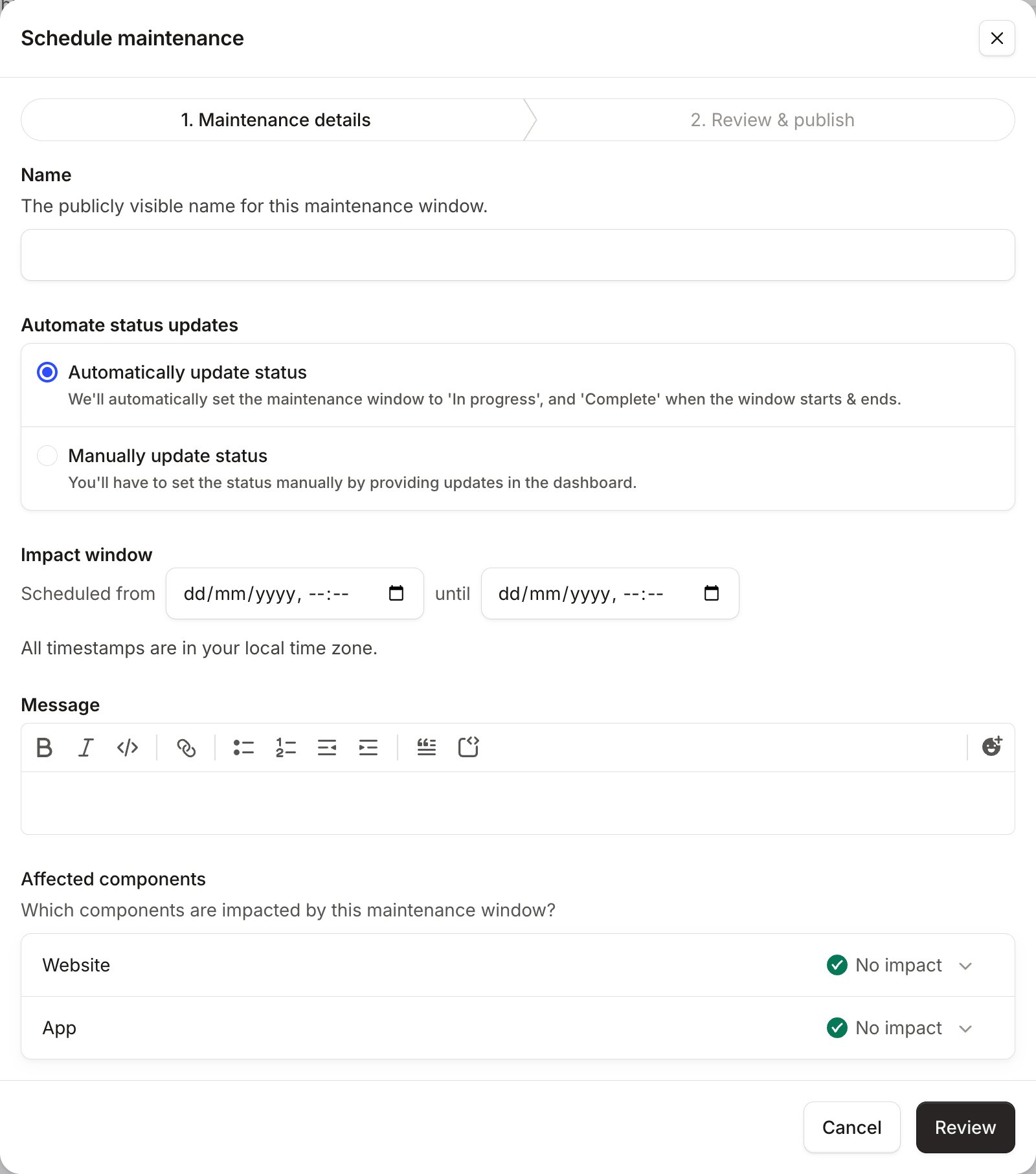 The Maintenance details step, with Name, Automate status updates, Impact window, Message and Affected components