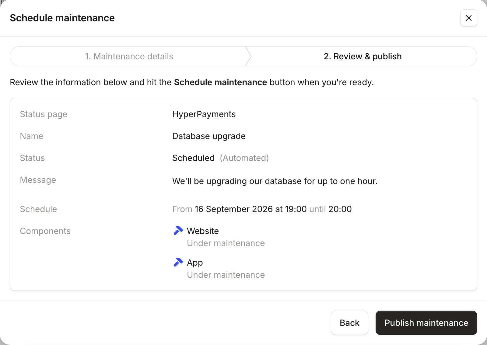 The Review & publish step summarising the Database upgrade window, its schedule and affected components