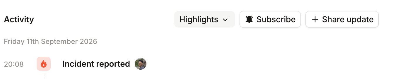 The Subscribe button in the Activity header of the incident homepage