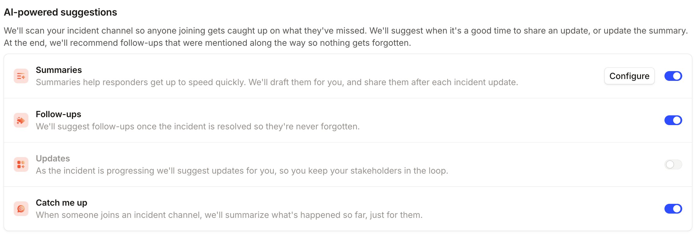 AI-powered suggestions settings, with Summaries, Follow-ups and Catch me up toggled on and Updates off