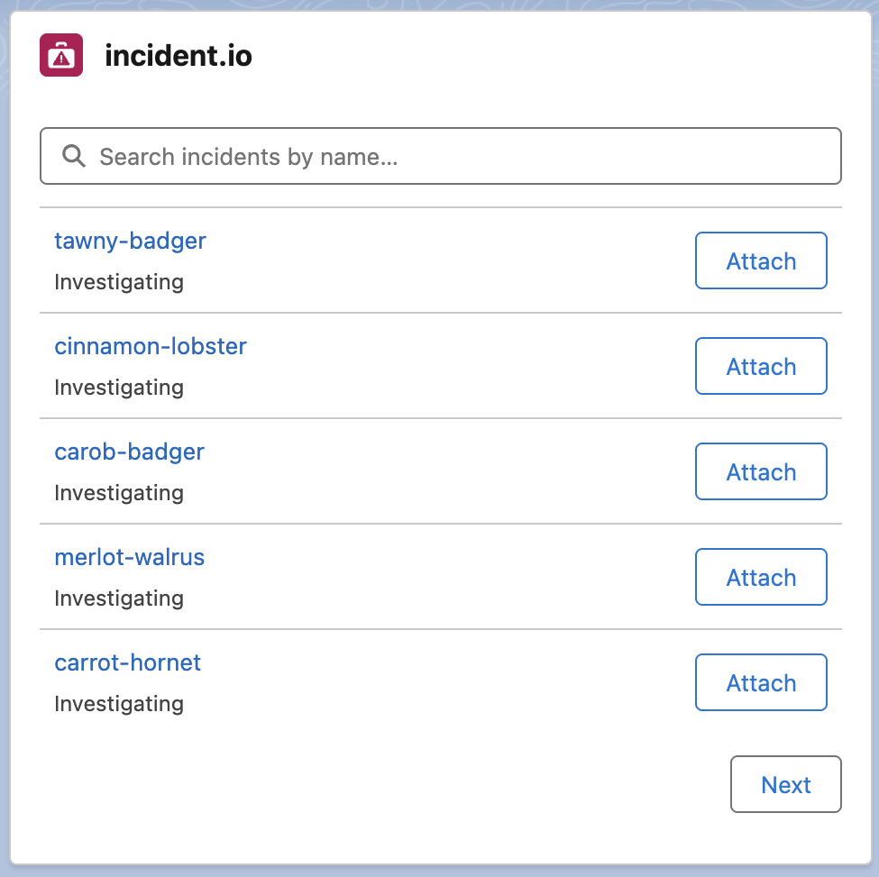 The incident.io panel on a Salesforce case page, showing active incidents