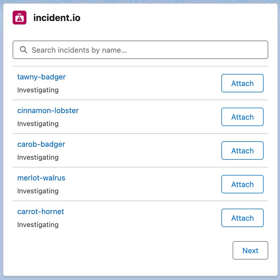 The incident.io panel on a Salesforce case page, showing active incidents