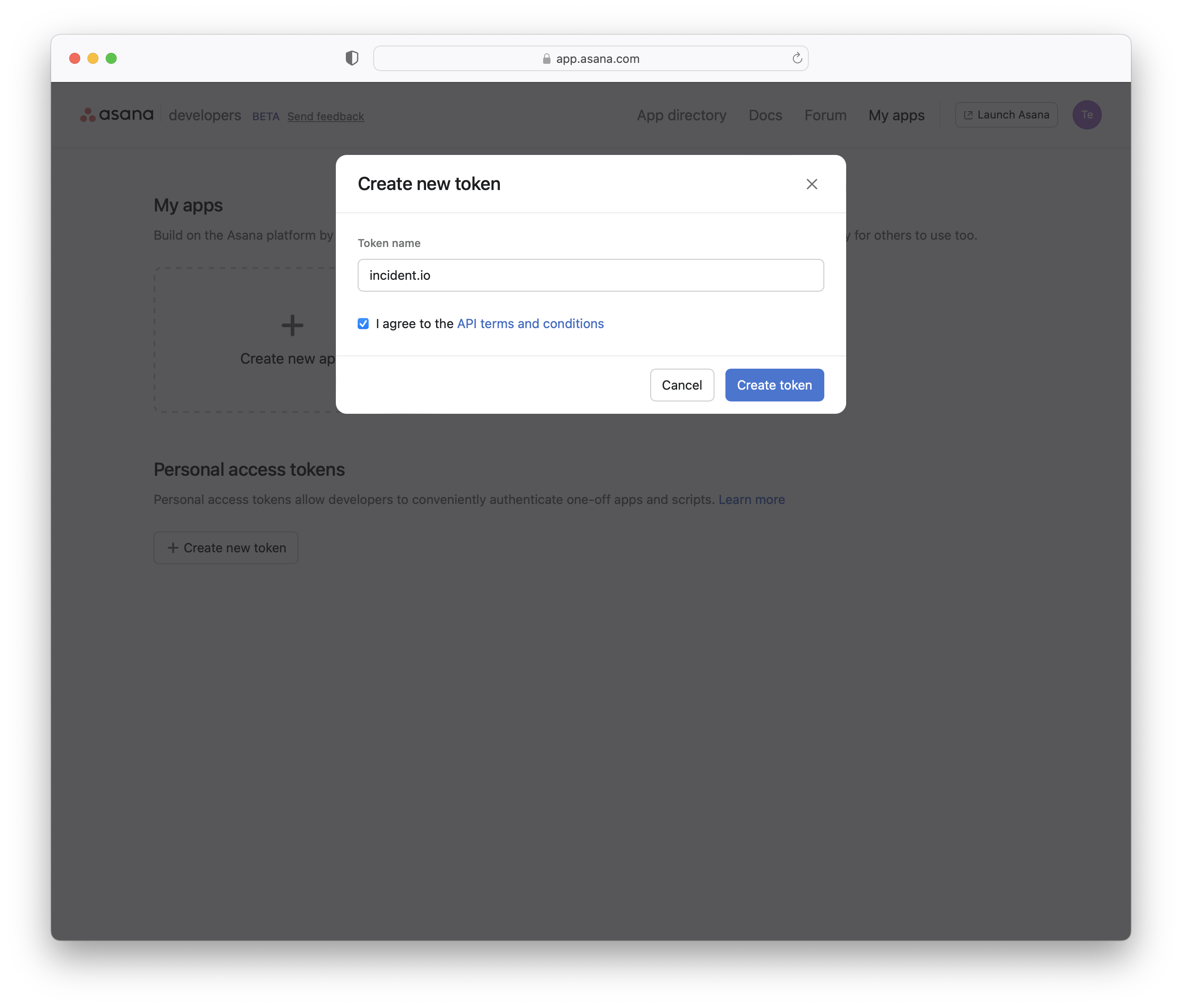 Screenshot of app.asana.com/0/my-apps after clicking