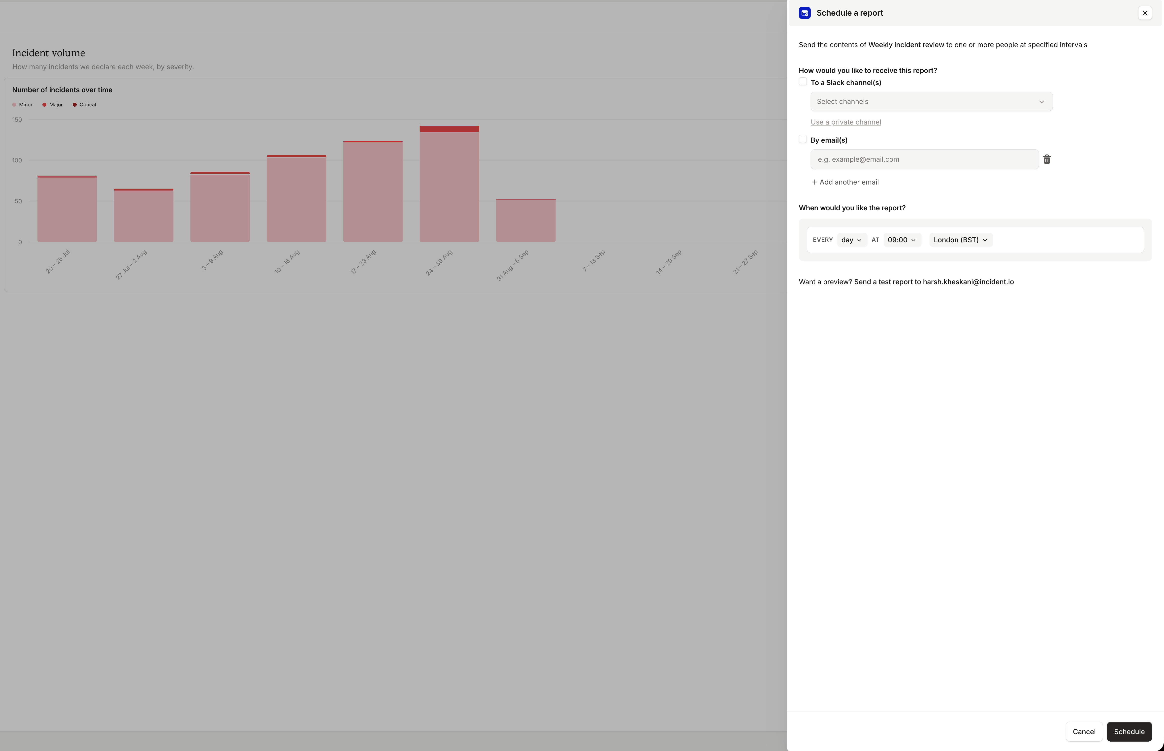 The Schedule a report drawer on a custom dashboard, with Slack channel and email delivery options and a daily 09:00
London schedule