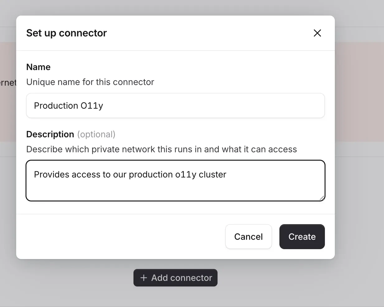 Set up connector dialog with name and description fields