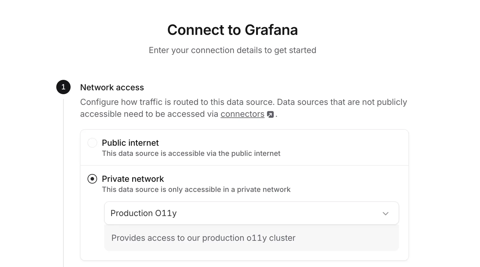 Connect to Grafana wizard with Private network selected