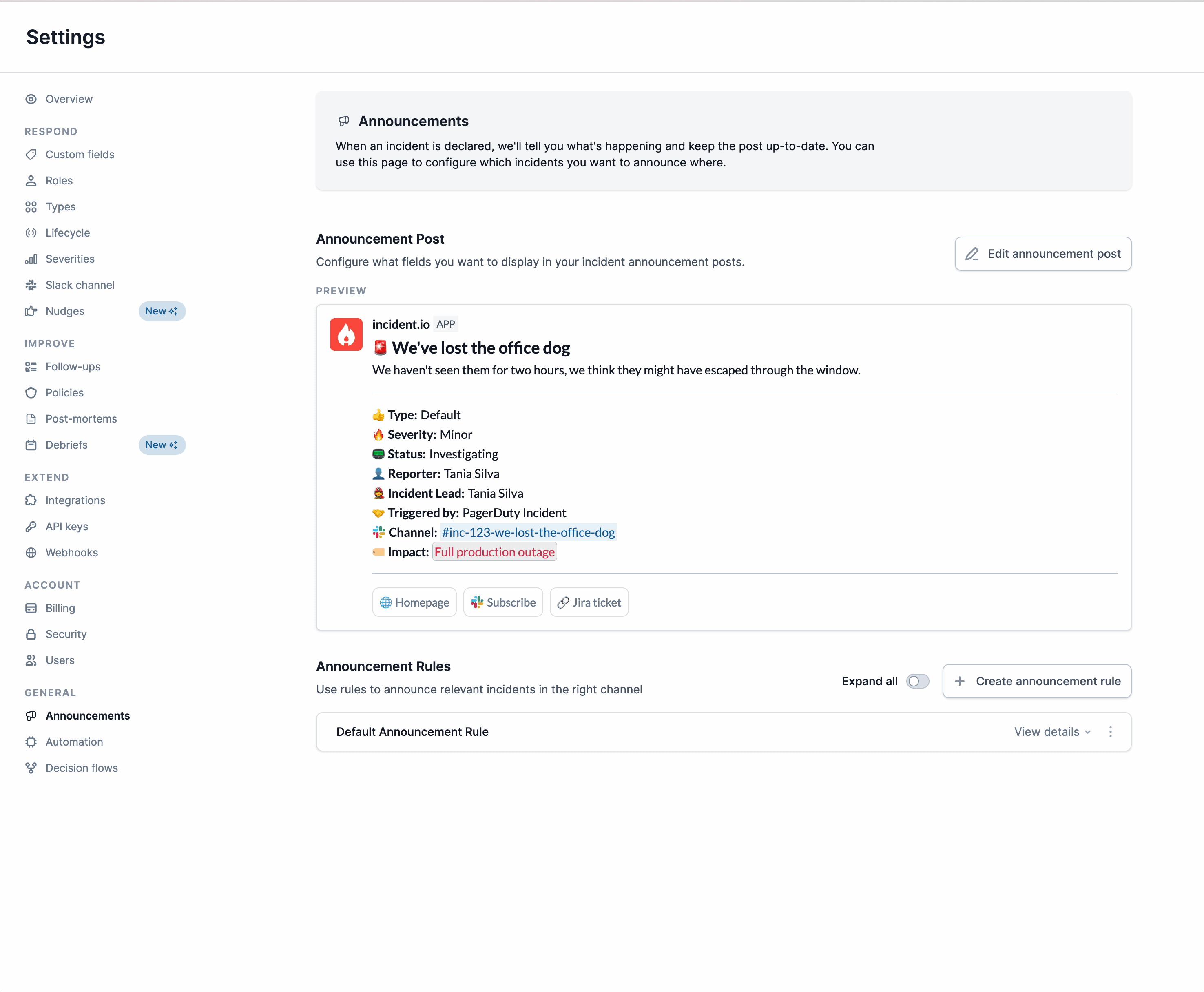 Adding fields and actions with a live preview of the announcement post