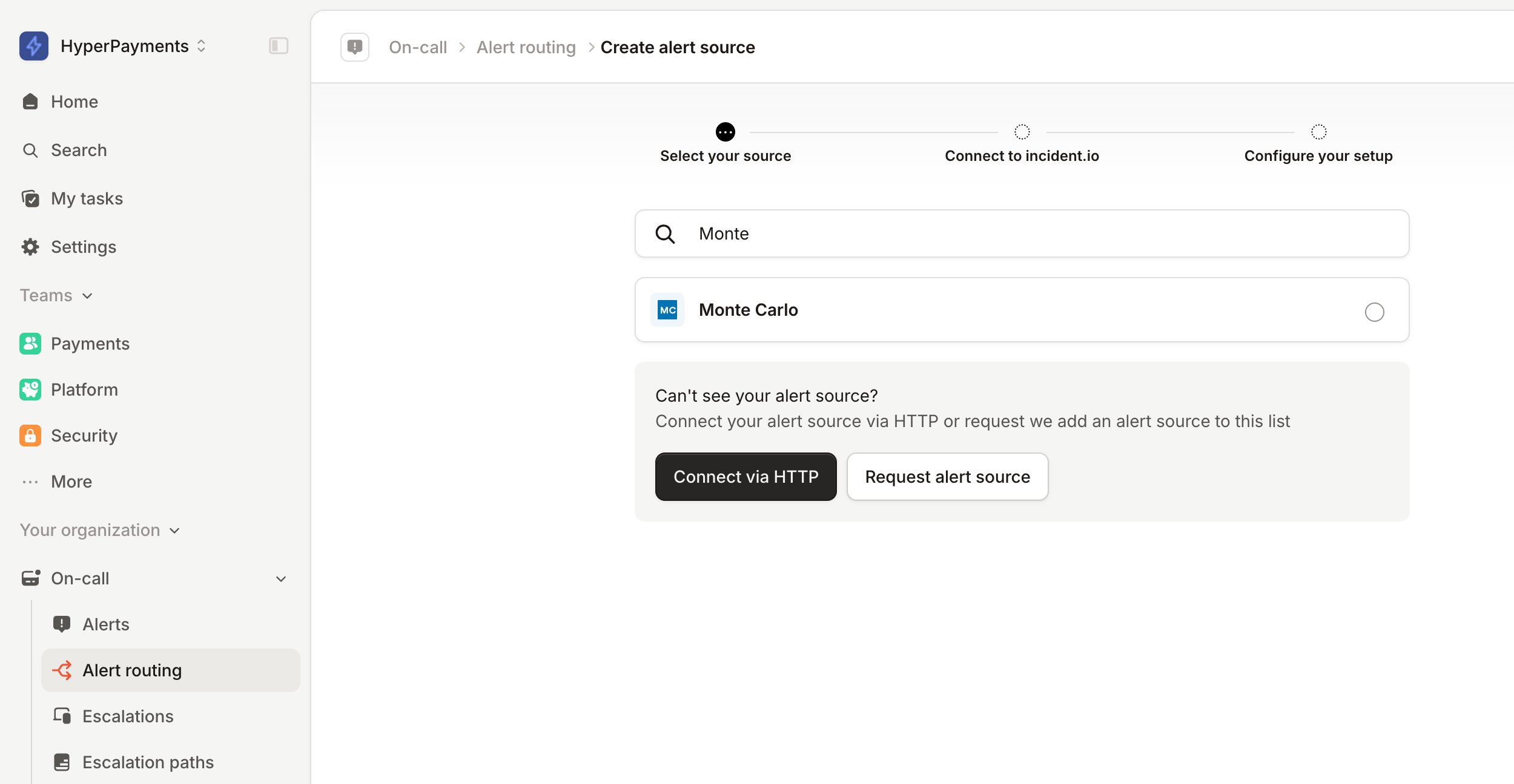 Create alert source at the Select your source step, with Monte Carlo in the results
