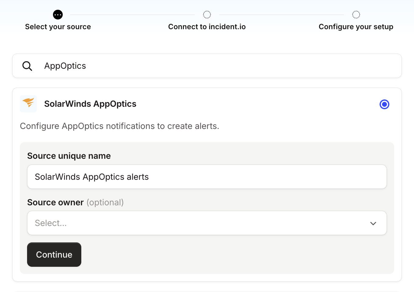SolarWinds AppOptics selected in Select your source, with Source unique name filled in