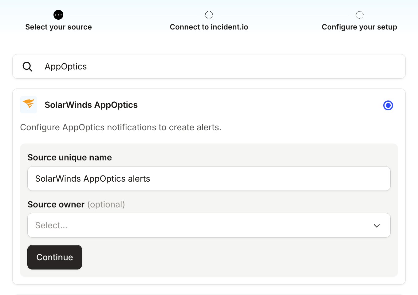 SolarWinds AppOptics selected in Select your source, with Source unique name filled in