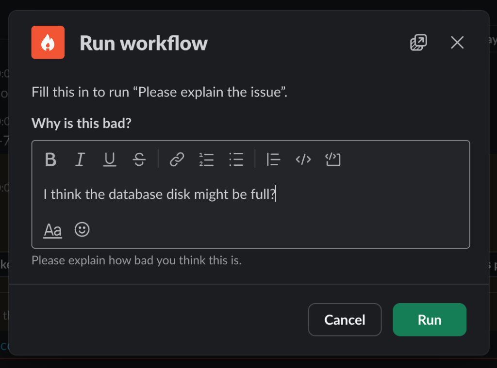 Slack Run workflow modal asking "Why is this bad?", with Cancel and Run buttons