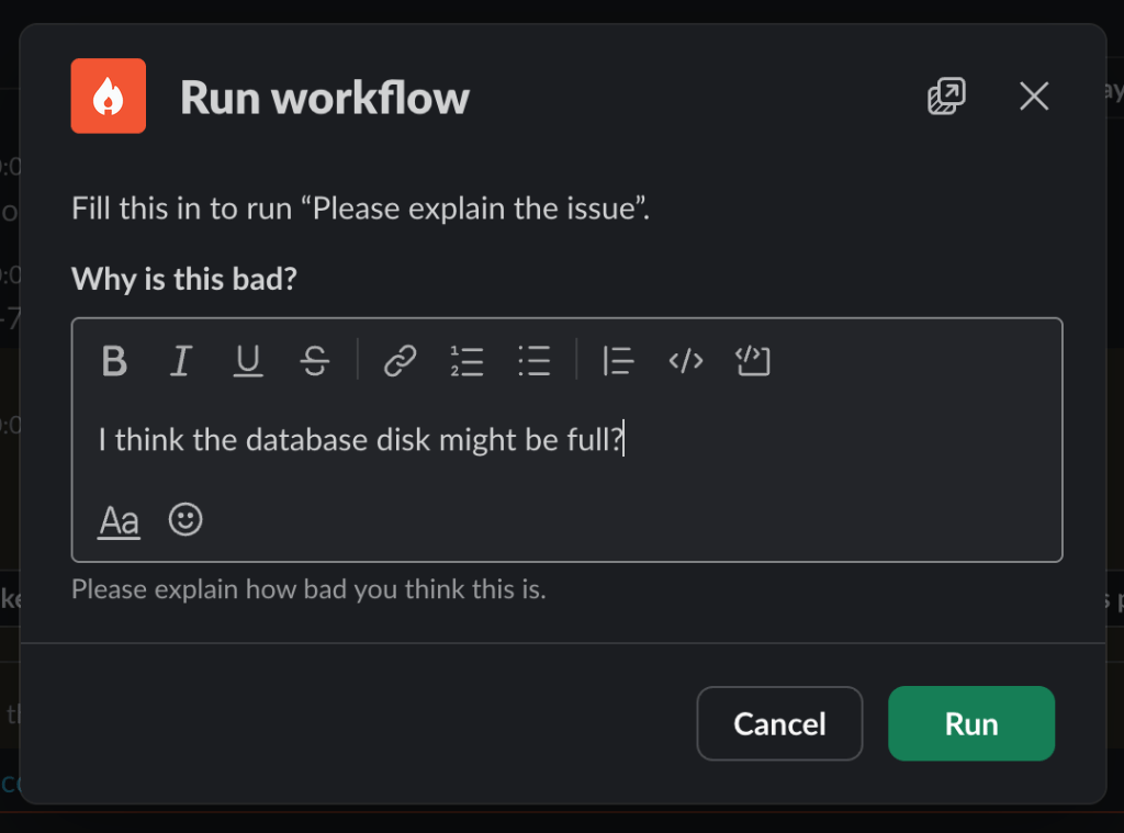 Slack Run workflow modal asking "Why is this bad?", with Cancel and Run buttons
