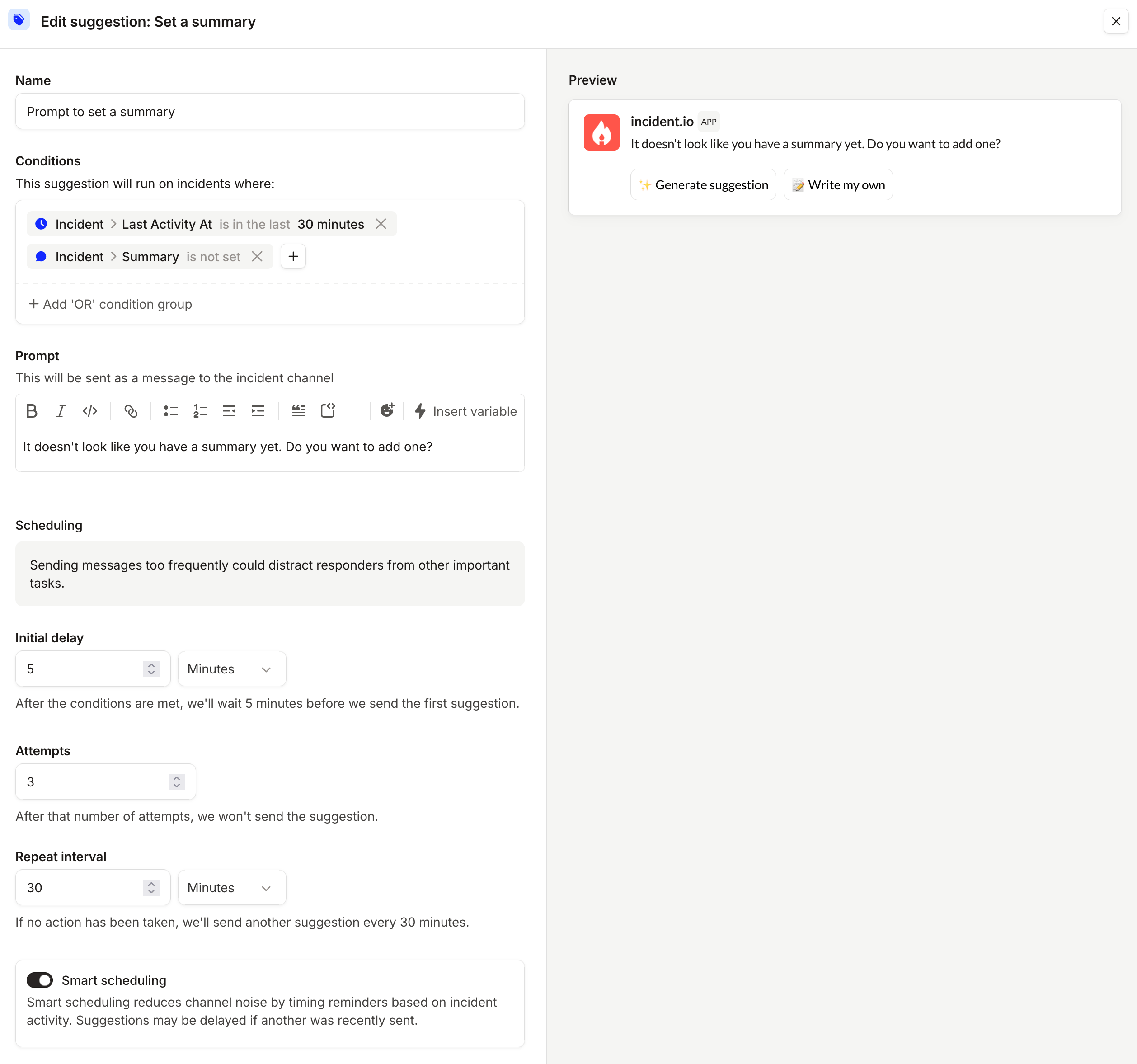 Editing a rule-based suggestion, with a live preview of the Slack message alongside