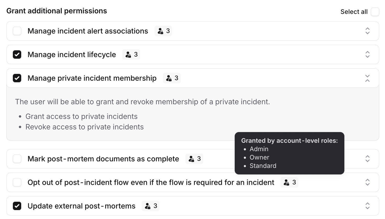 Grant additional permissions section with some permissions checked and a tooltip showing account-level
roles
