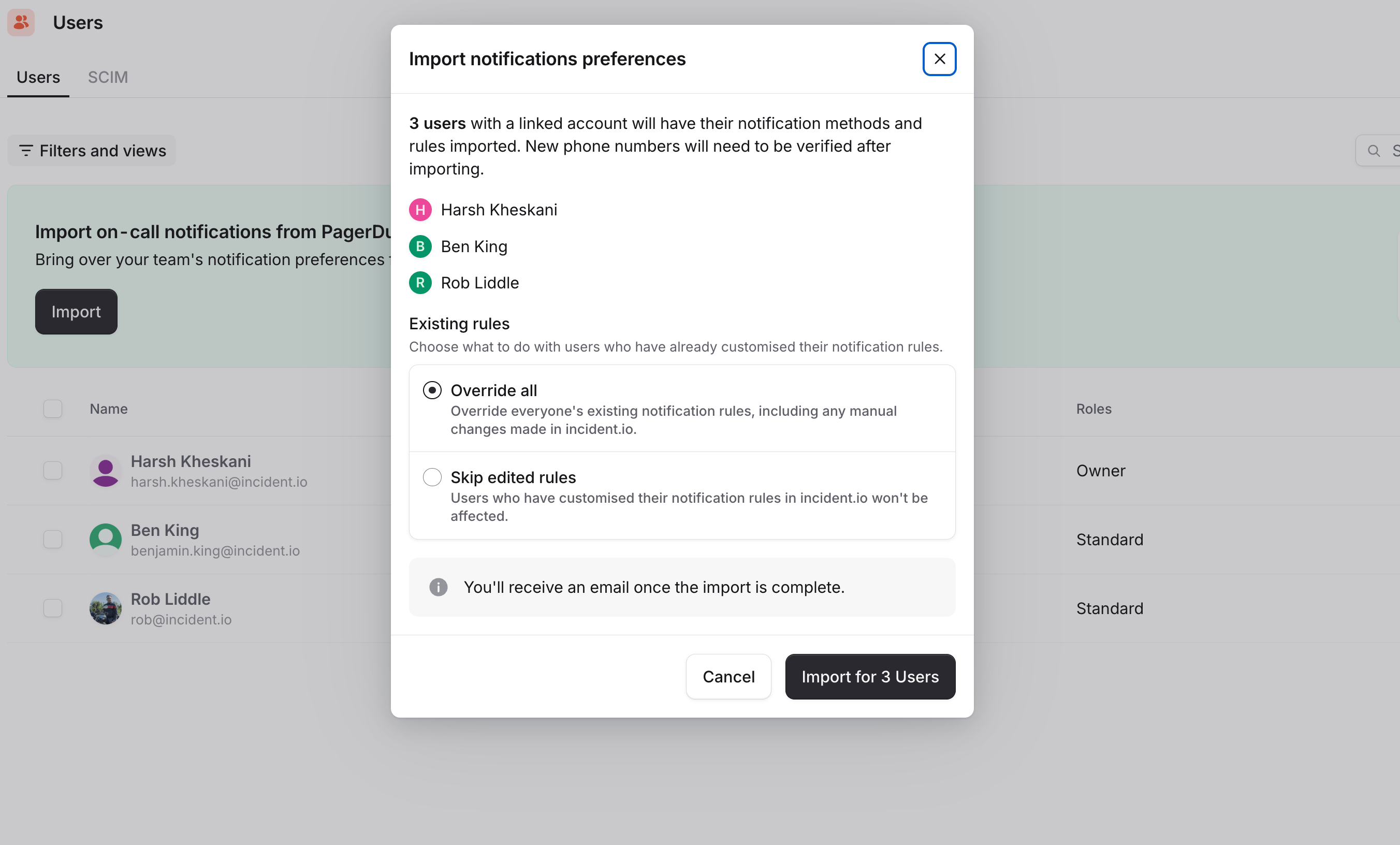 The Import notifications preferences modal with Override all selected for three users