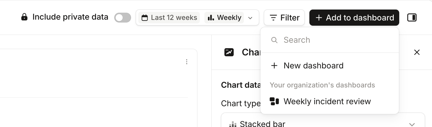 The Add to dashboard menu in Explore, with a search box, New dashboard, and a list of your organization's
dashboards