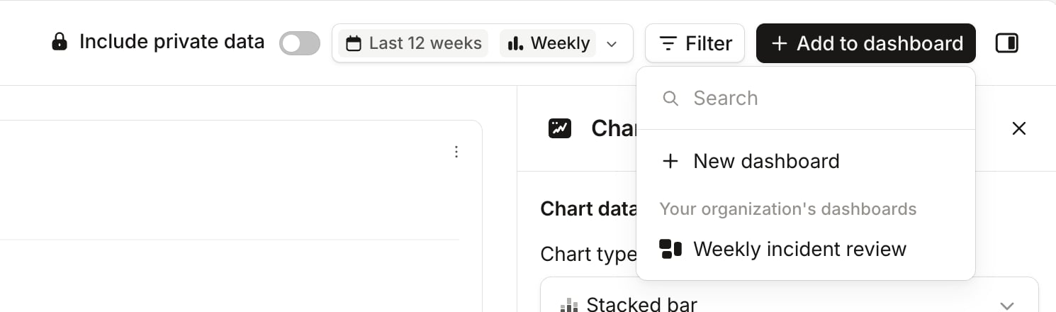 The Add to dashboard menu in Explore, with a search box, New dashboard, and a list of your organization's
dashboards