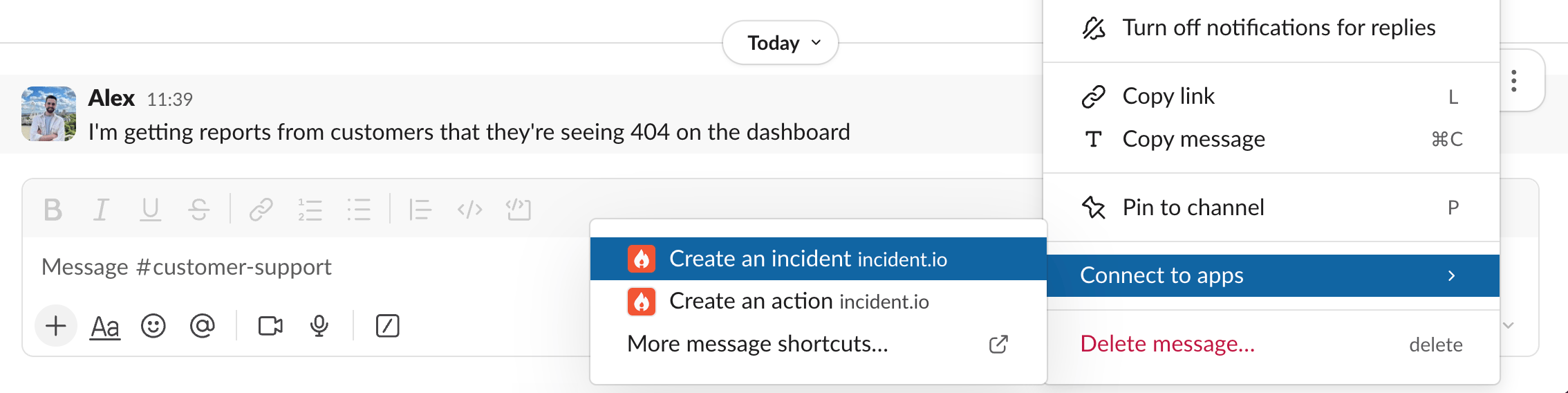The Connect to apps menu on a Slack message, showing Create an incident