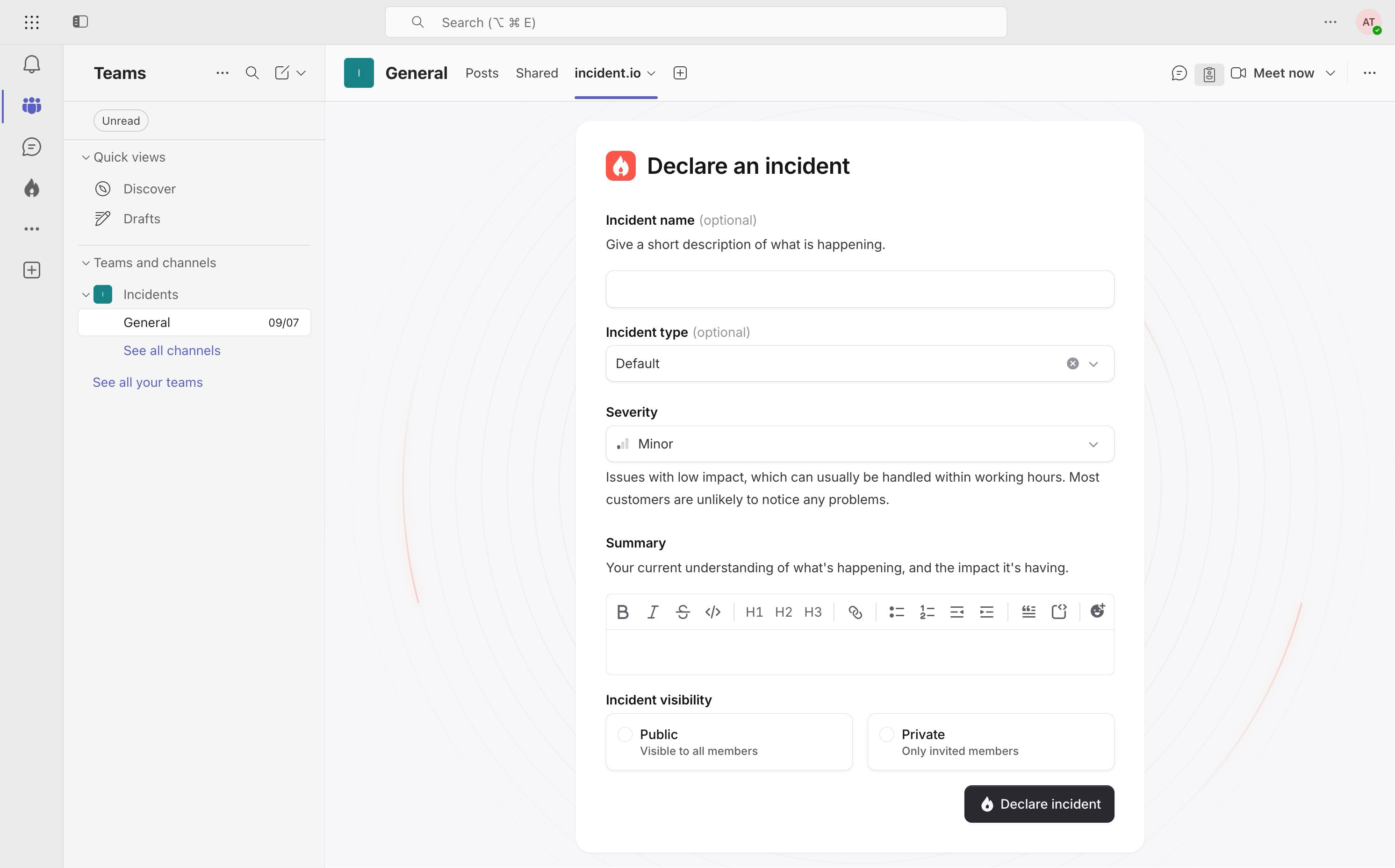 The incident.io declaration form in the Microsoft Teams tab