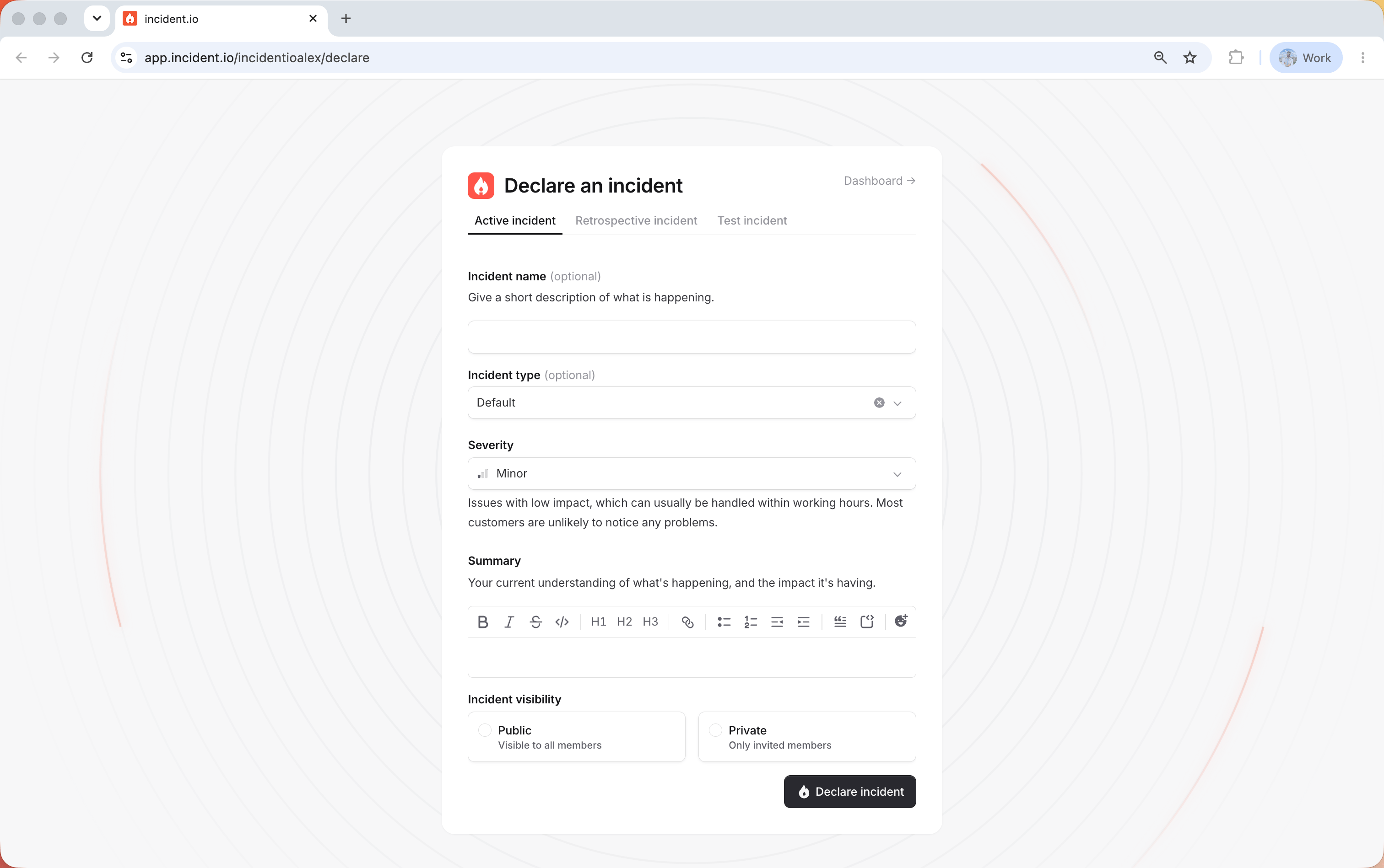 Declaring an incident from the browser at inc.new