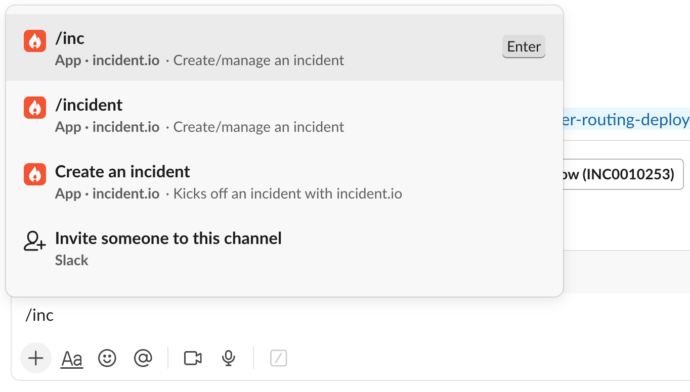 Typing /inc in Slack shows the incident.io command options