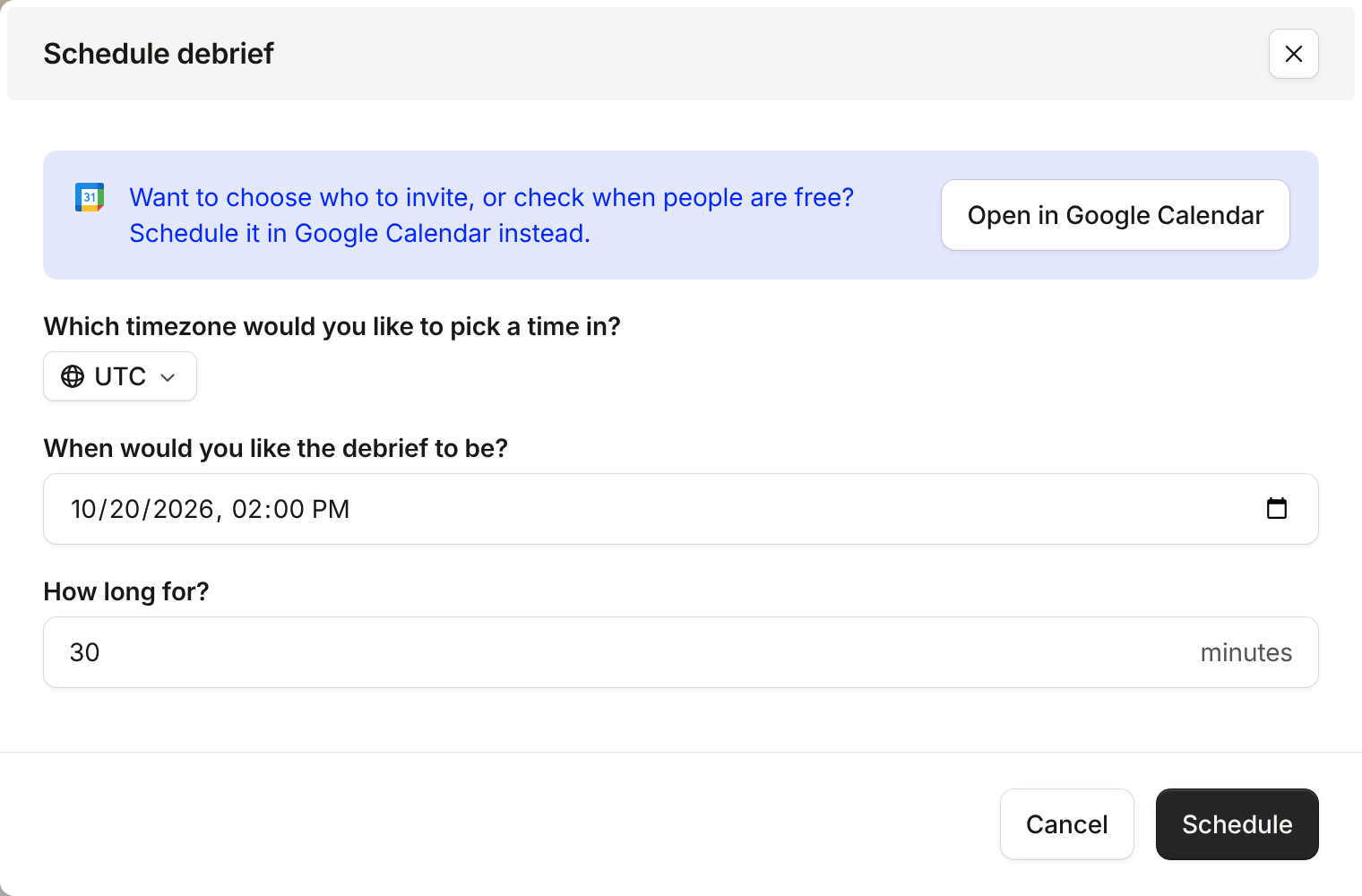 The Schedule debrief form, with a callout offering Open in Google Calendar above the time and duration fields