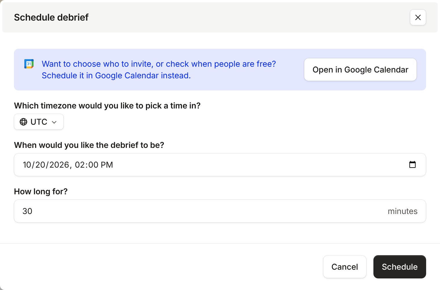 The Schedule debrief form, with a callout offering Open in Google Calendar above the time and duration fields