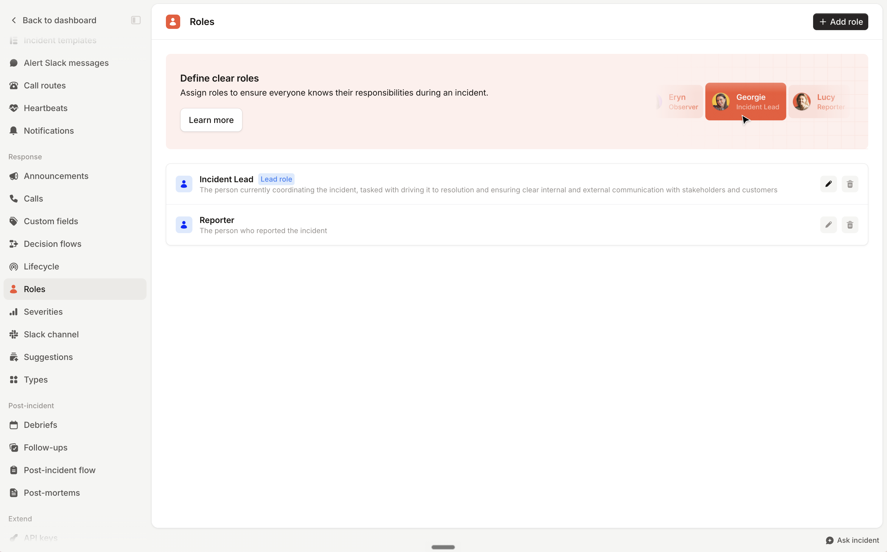 The Roles settings page listing the built-in Incident Lead and Reporter roles, with an Add role
button