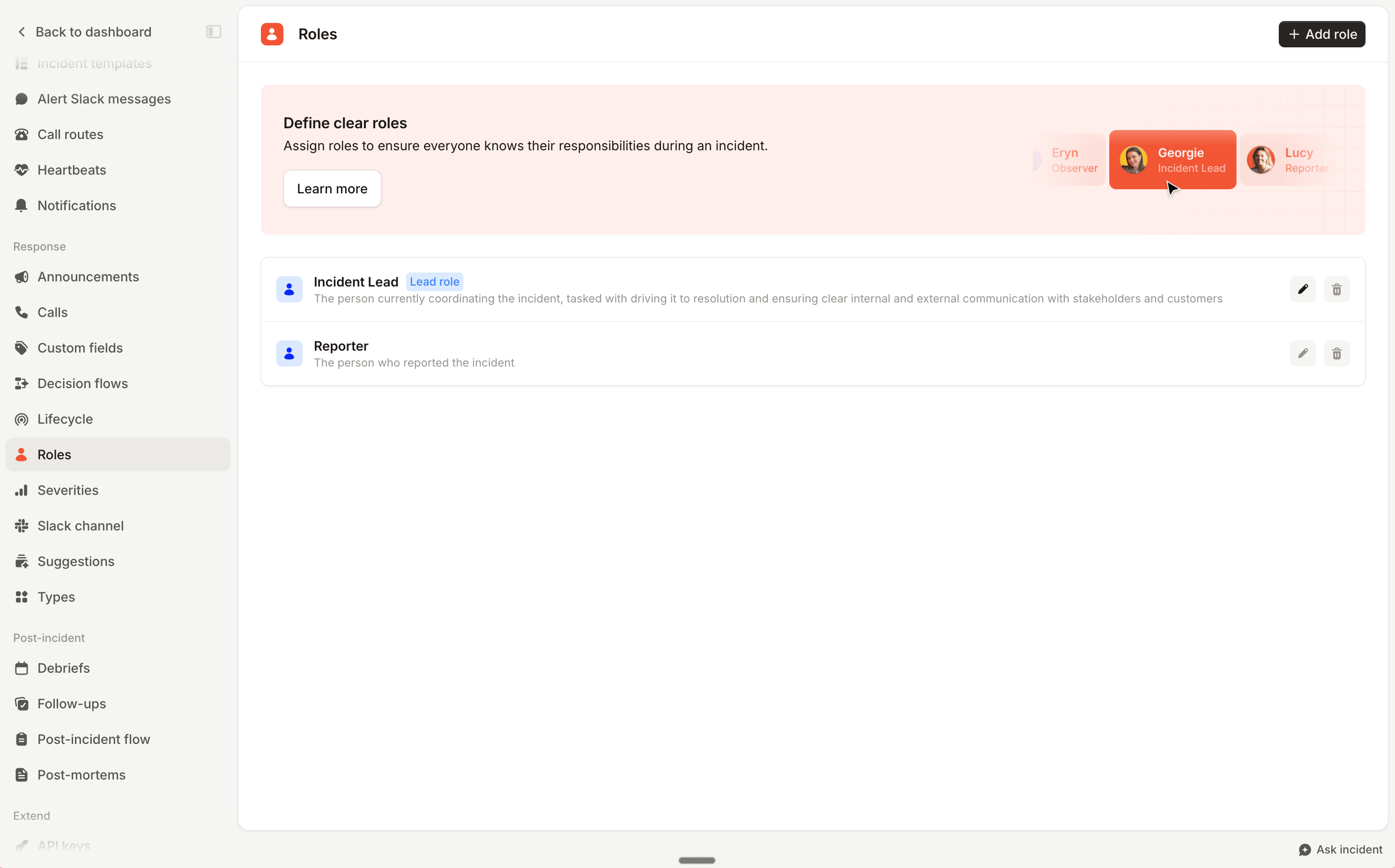 The Roles settings page listing the built-in Incident Lead and Reporter roles, with an Add role
button