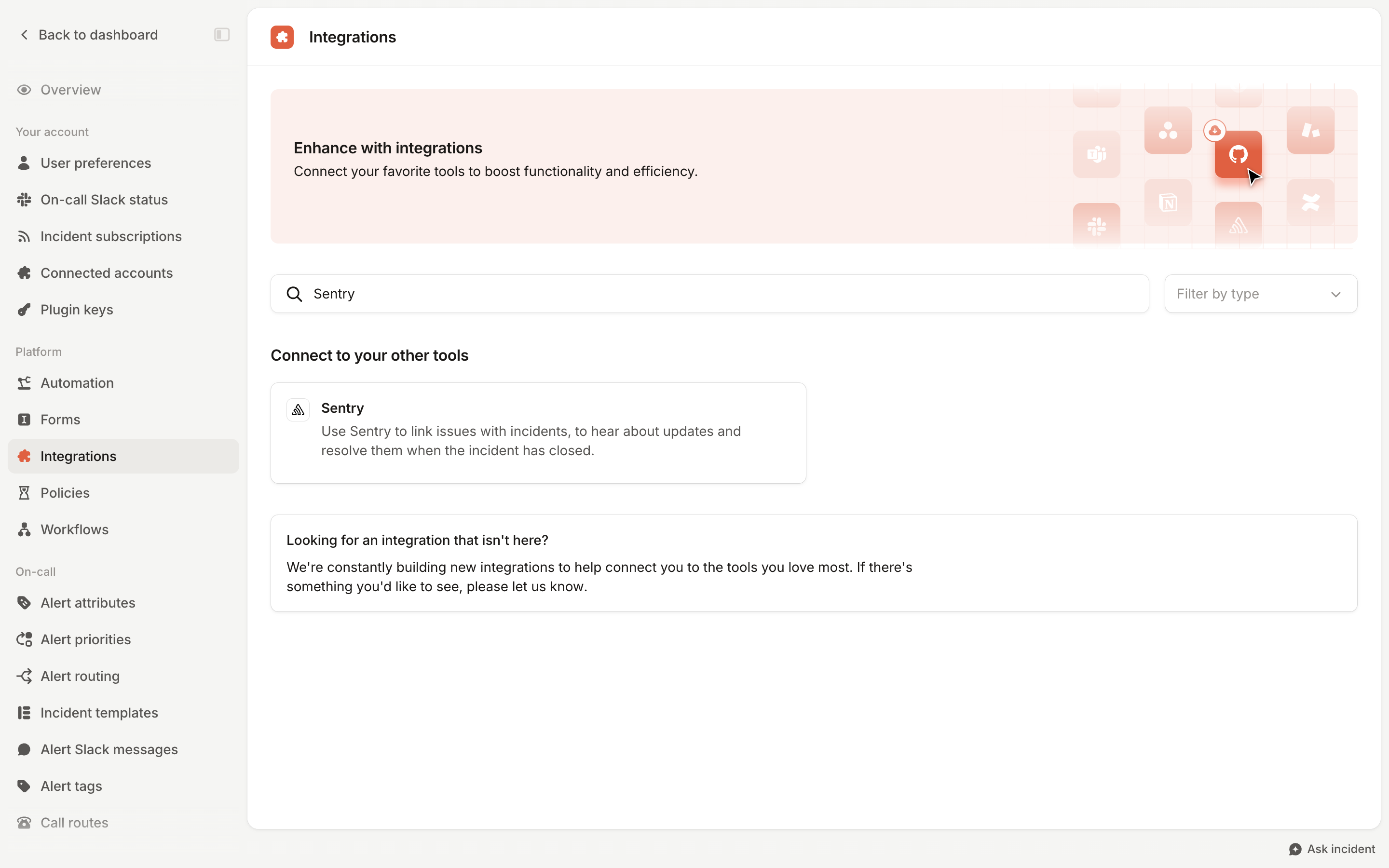 Integrations settings page searched for Sentry, showing the Sentry card