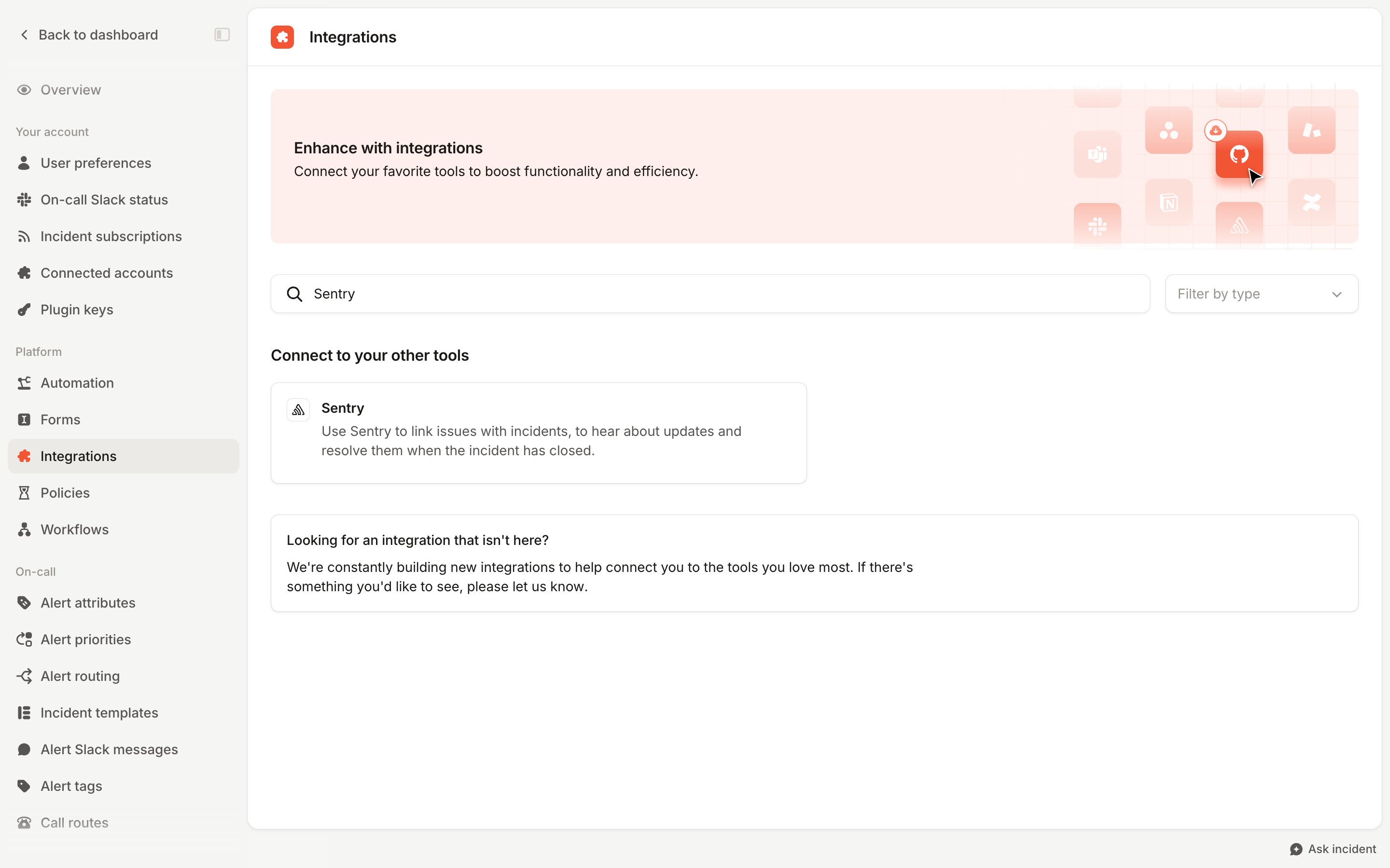 Integrations settings page searched for Sentry, showing the Sentry card