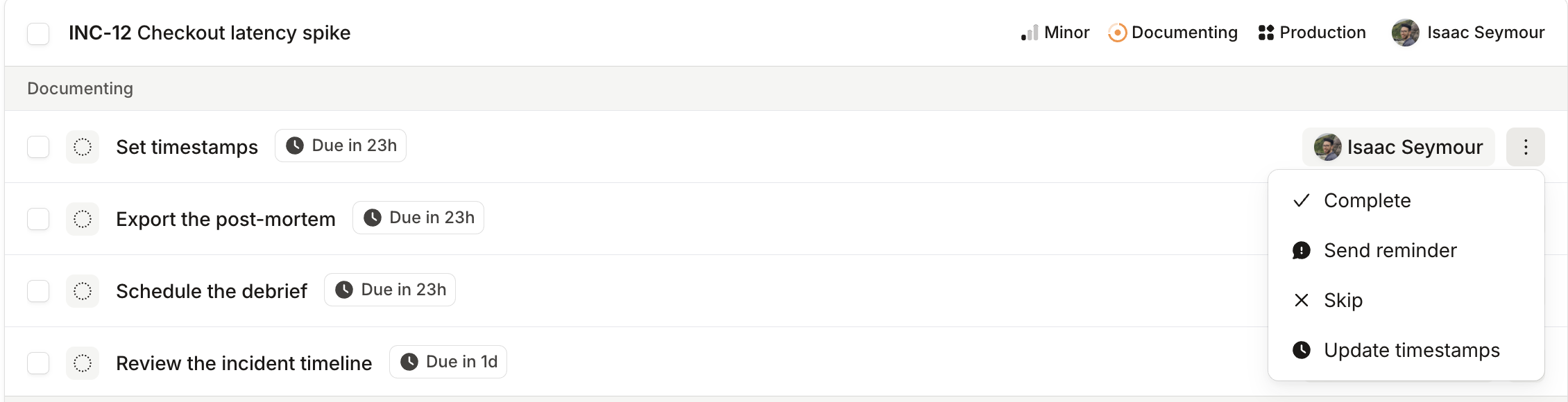 A post-incident task list with due times, and a task menu open on Send reminder