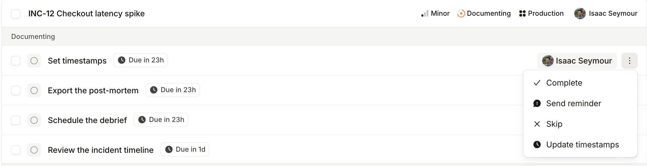 A post-incident task list with due times, and a task menu open on Send reminder