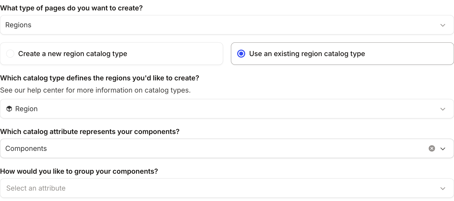 Sub-page wizard set to "Use an existing region catalog type", with Region and Components chosen
