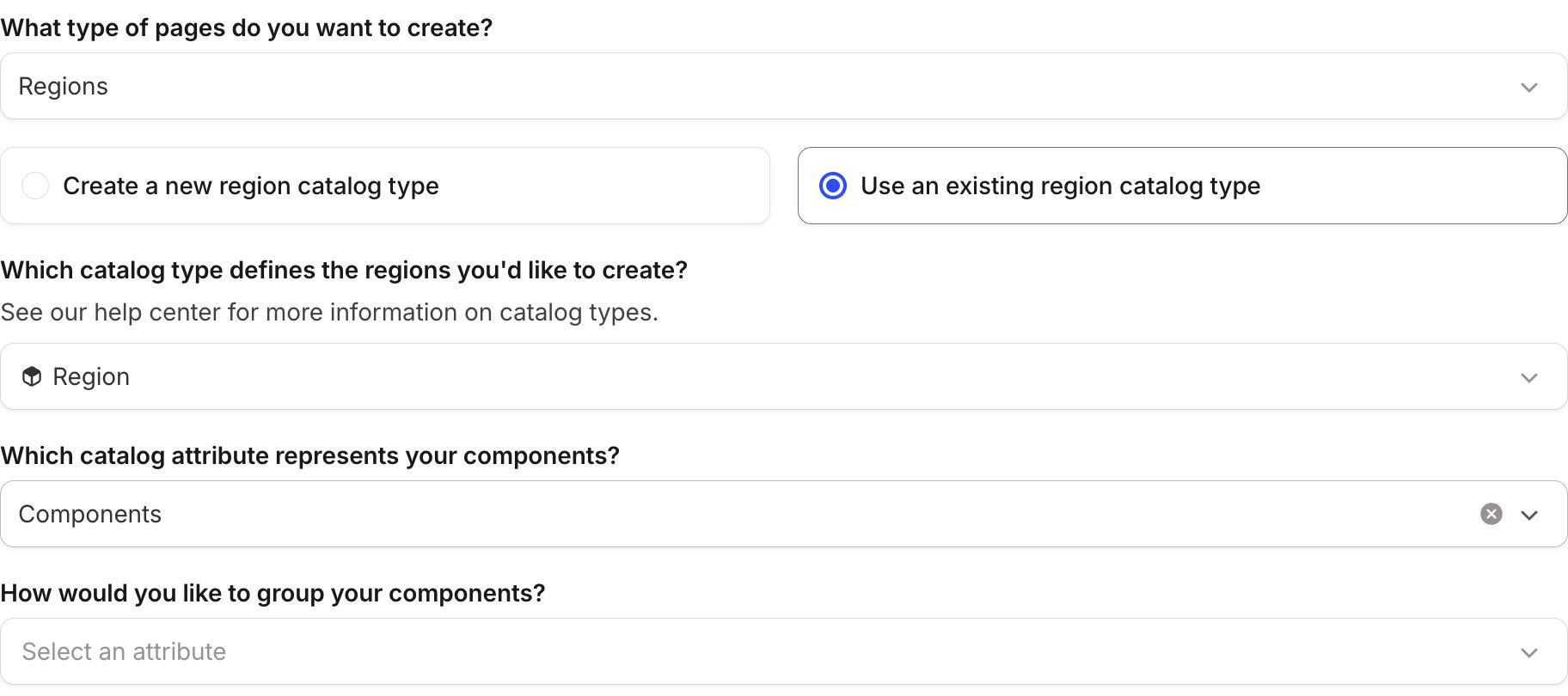 Sub-page wizard set to "Use an existing region catalog type", with Region and Components chosen