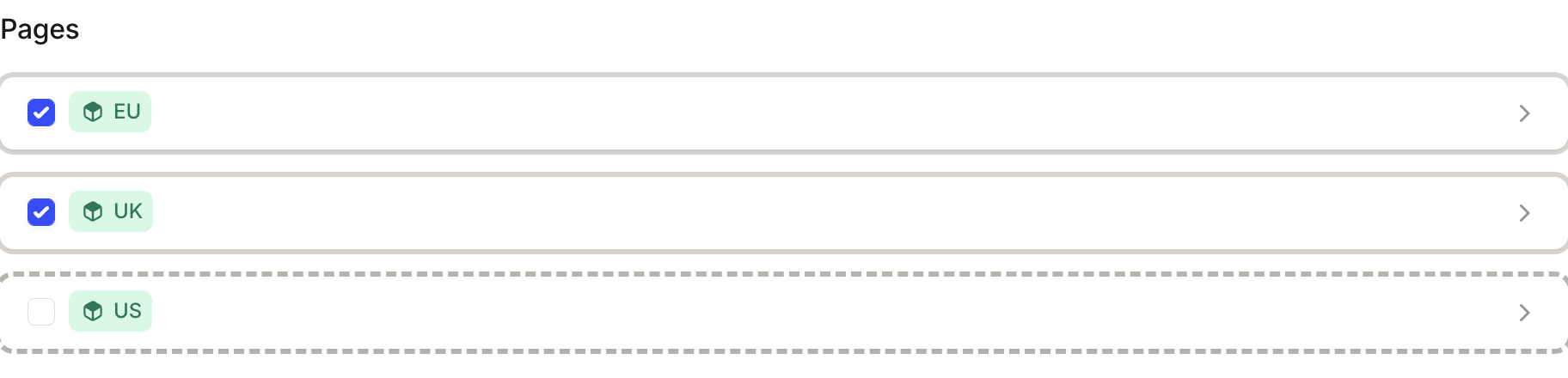 Pages step with EU and UK ticked and US left unticked