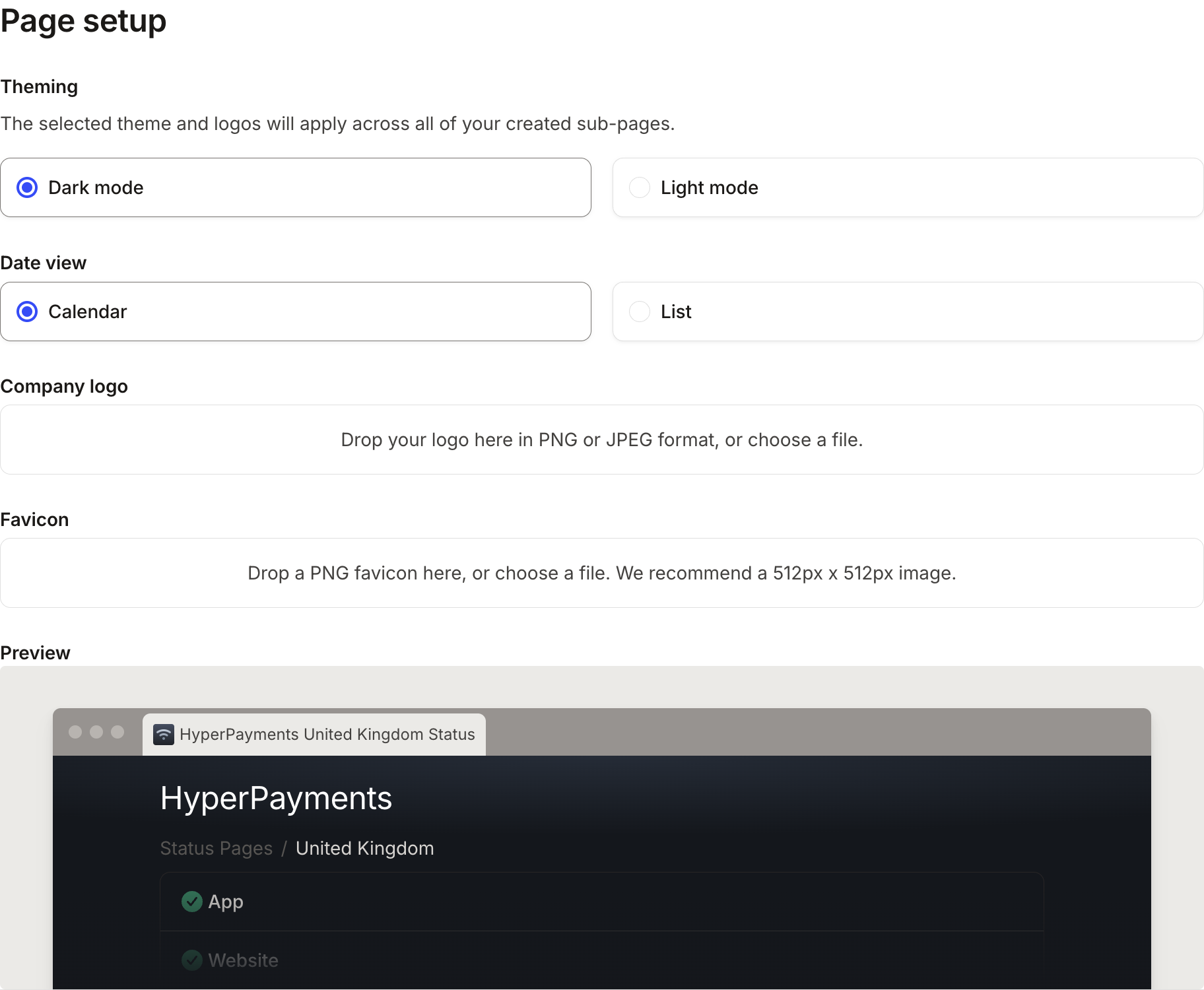 Page setup step with Dark mode and Calendar selected, logo and favicon uploads, and a live preview