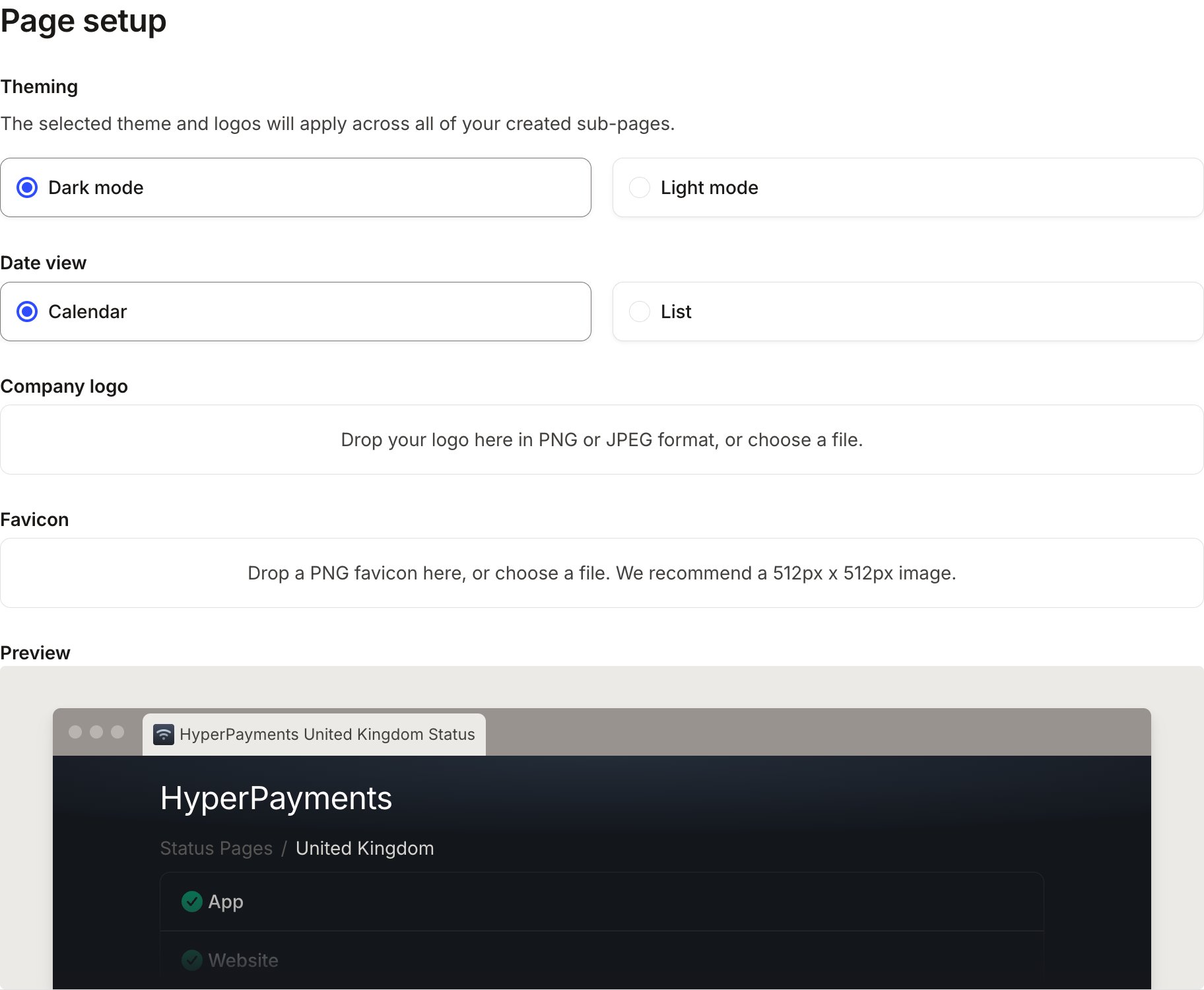 Page setup step with Dark mode and Calendar selected, logo and favicon uploads, and a live preview